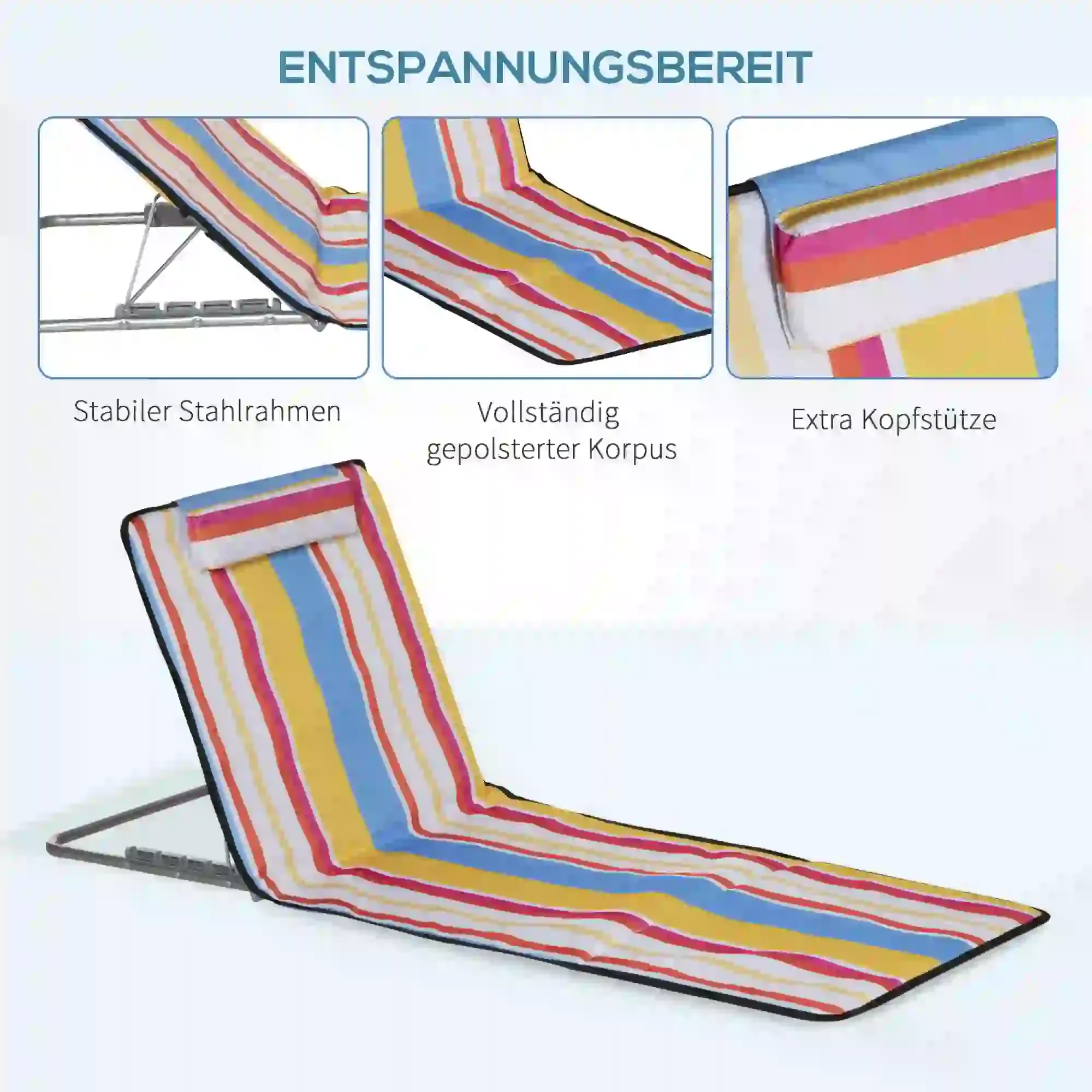 Ein klappbarer gestreifter Strandstuhl mit Kopfstütze. Der Stuhl ist weiß, gelb, rot und blau. Er hat ein Metallgestell.