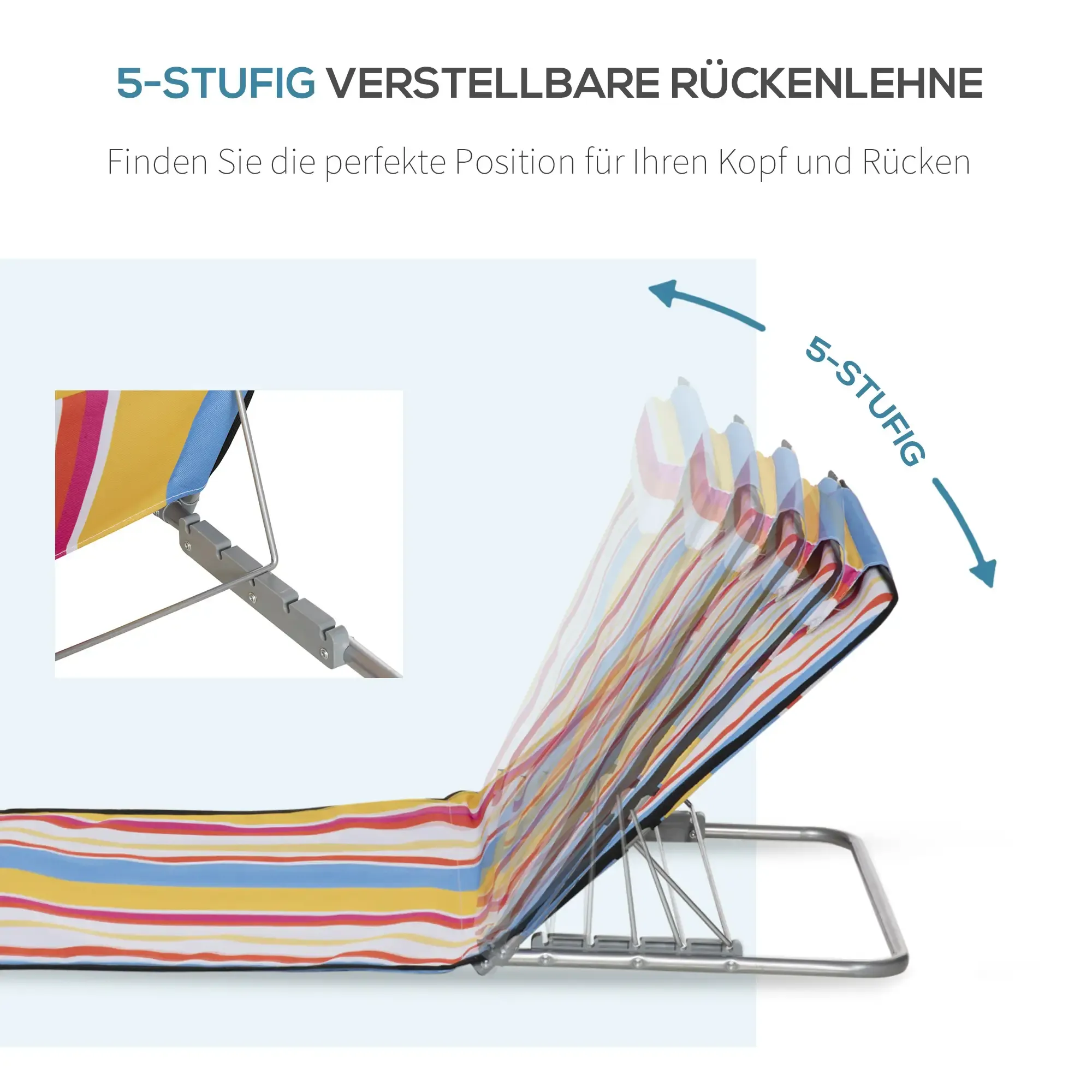Strandstuhl mit verstellbarer Rückenlehne. Er ist mit mehreren Farben gestreift. Die Rückenlehne ist in 5 Stufen verstellbar.