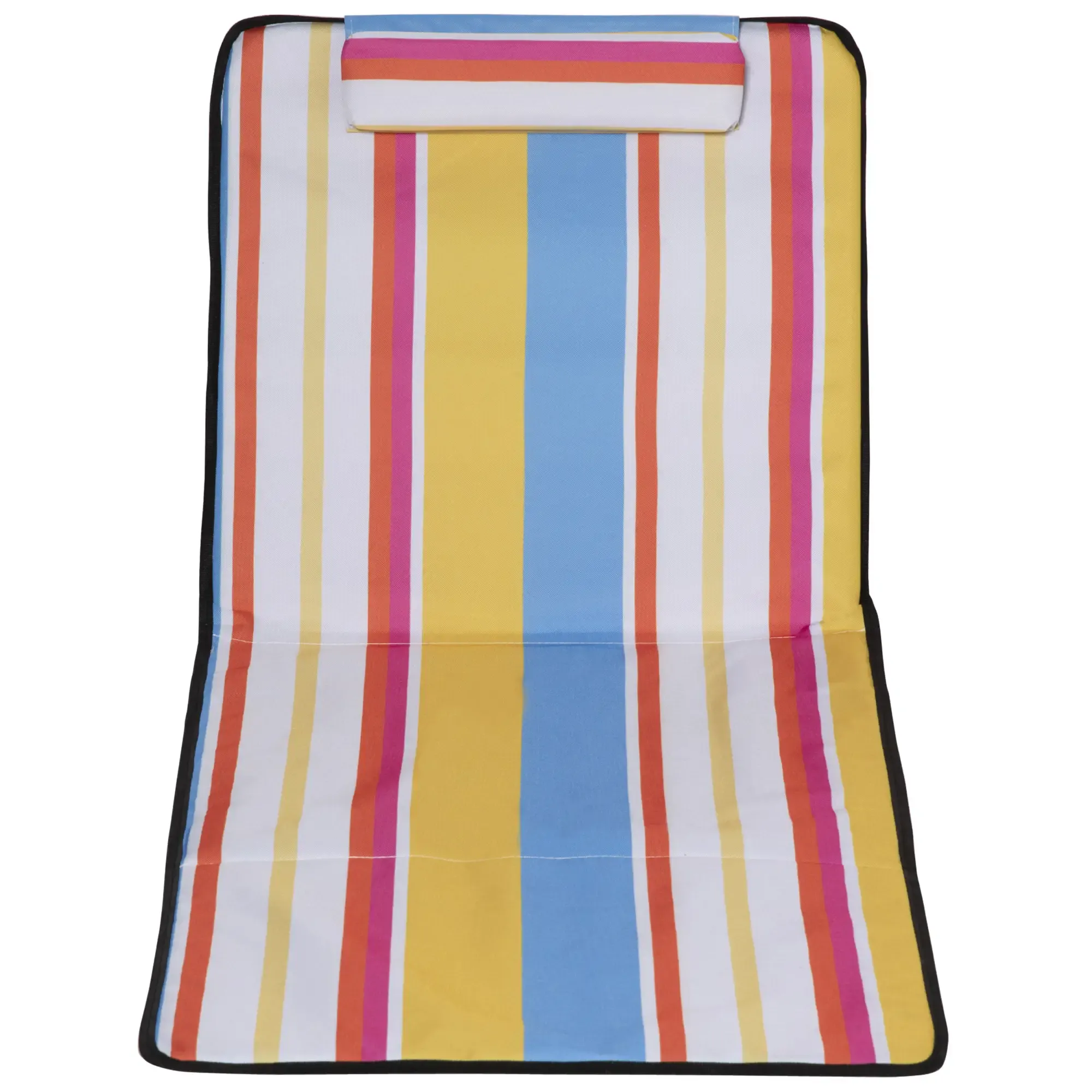 Eine gestreifte Strandmatte mit Kopfstütze. Farben sind gelbe, rosa, orange und blaue Streifen. Sie hat einen schwarzen Rand.