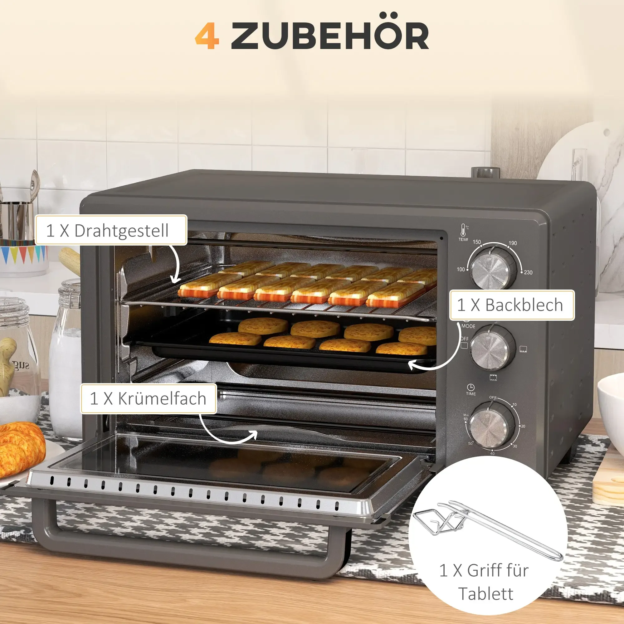 Ein dunkelgrauer Ofen mit Zubehör. Im Inneren befinden sich zwei Bleche mit Backwaren. Zubehör sind ein Rost und ein Griff.