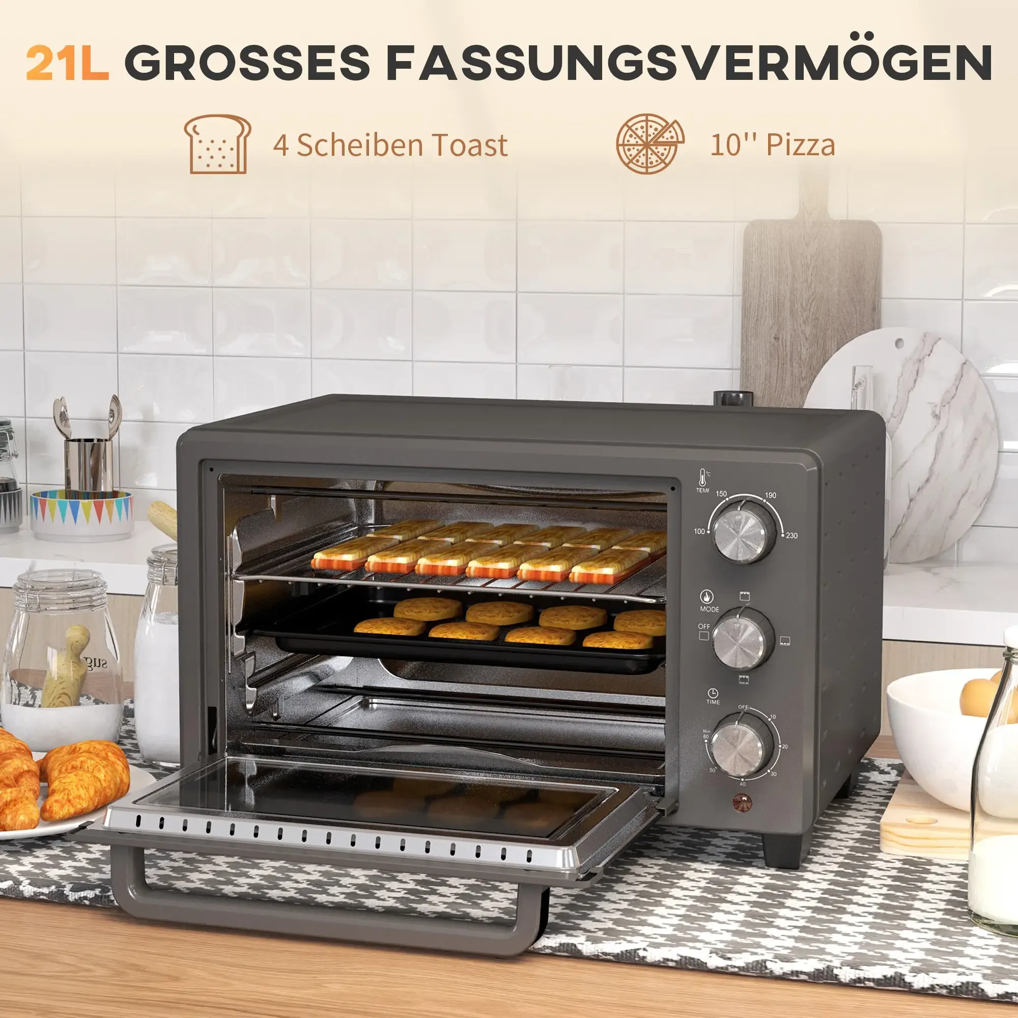 Ein offener Toaster mit Essen darin. Text oben: 21L Fassungsvermögen, 4 Scheiben Toast und 10" Pizza.
