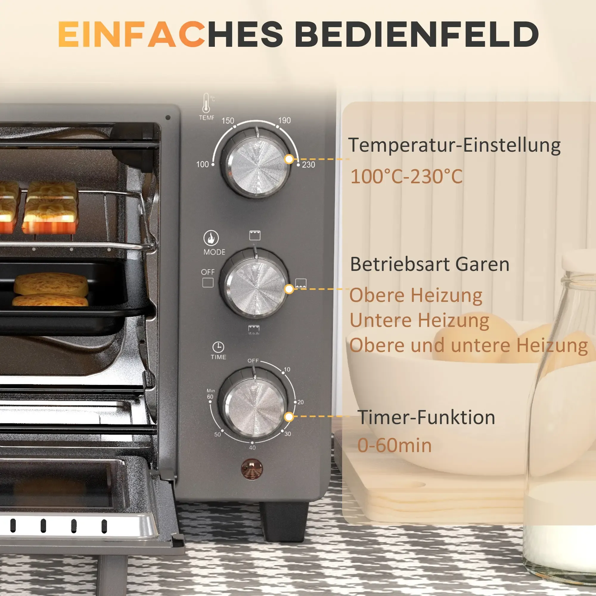 Ein Ofen mit Drehknöpfen und Etiketten. Zeigt Temperatur, Modus und Timereinstellungen. Essen ist im Ofen. Milch und Schüssel in der Nähe.