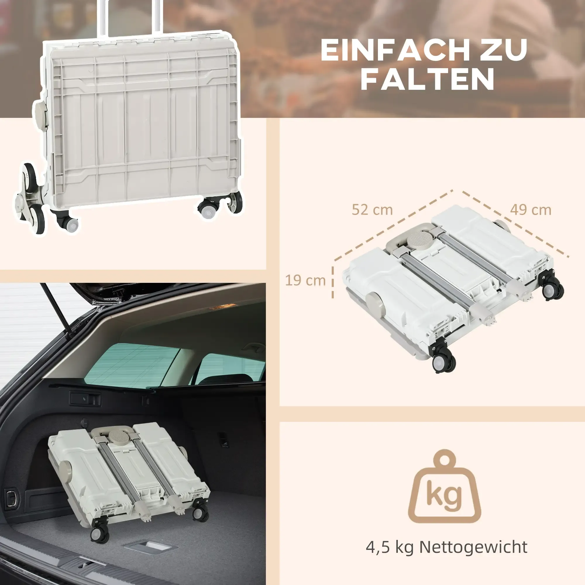 Ein weißer Klappwagen auf Rädern. Er wird entfaltet, gefaltet und in einem Kofferraum gezeigt. Text sagt 'Einfach zu Falten'.