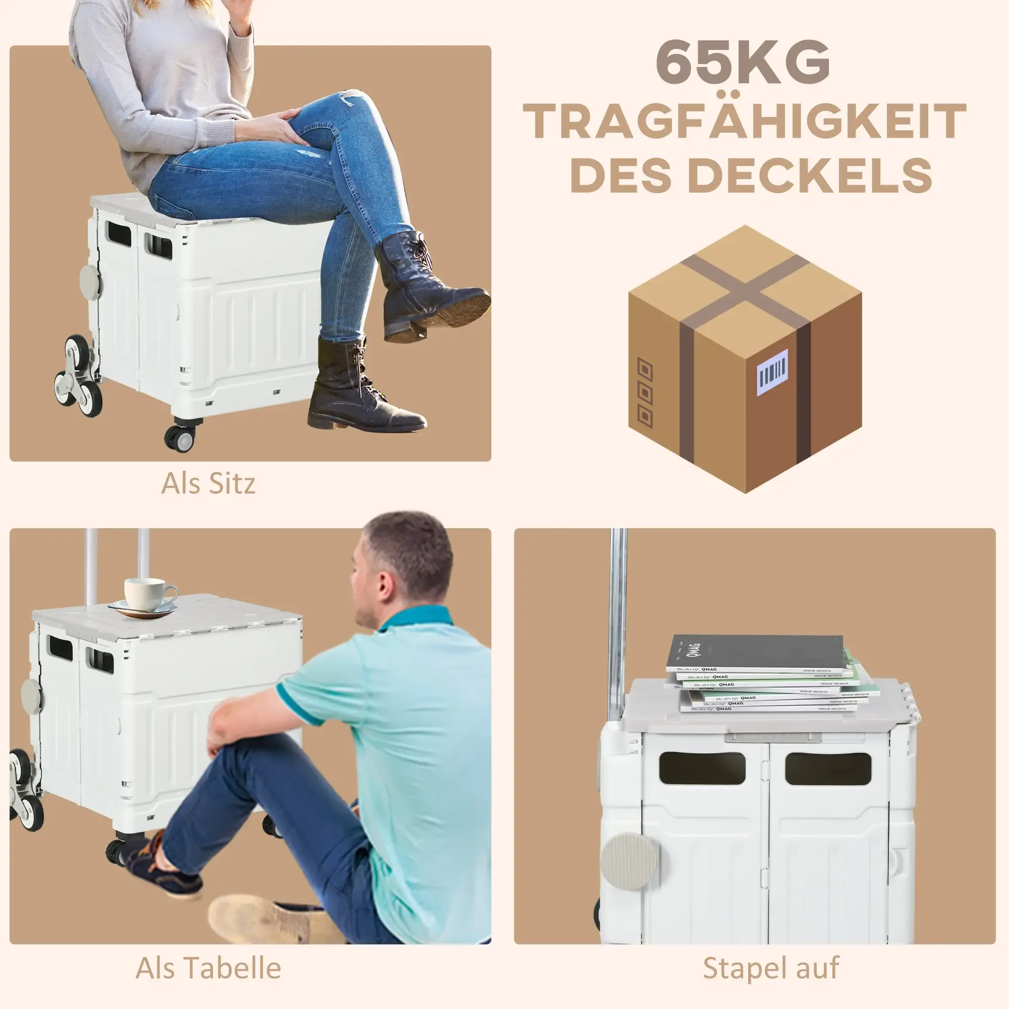 Das Bild zeigt einen zusammenklappbaren weißen Wagen, der als Sitz, Tisch und Stapler verwendet wird. Menschen interagieren damit.