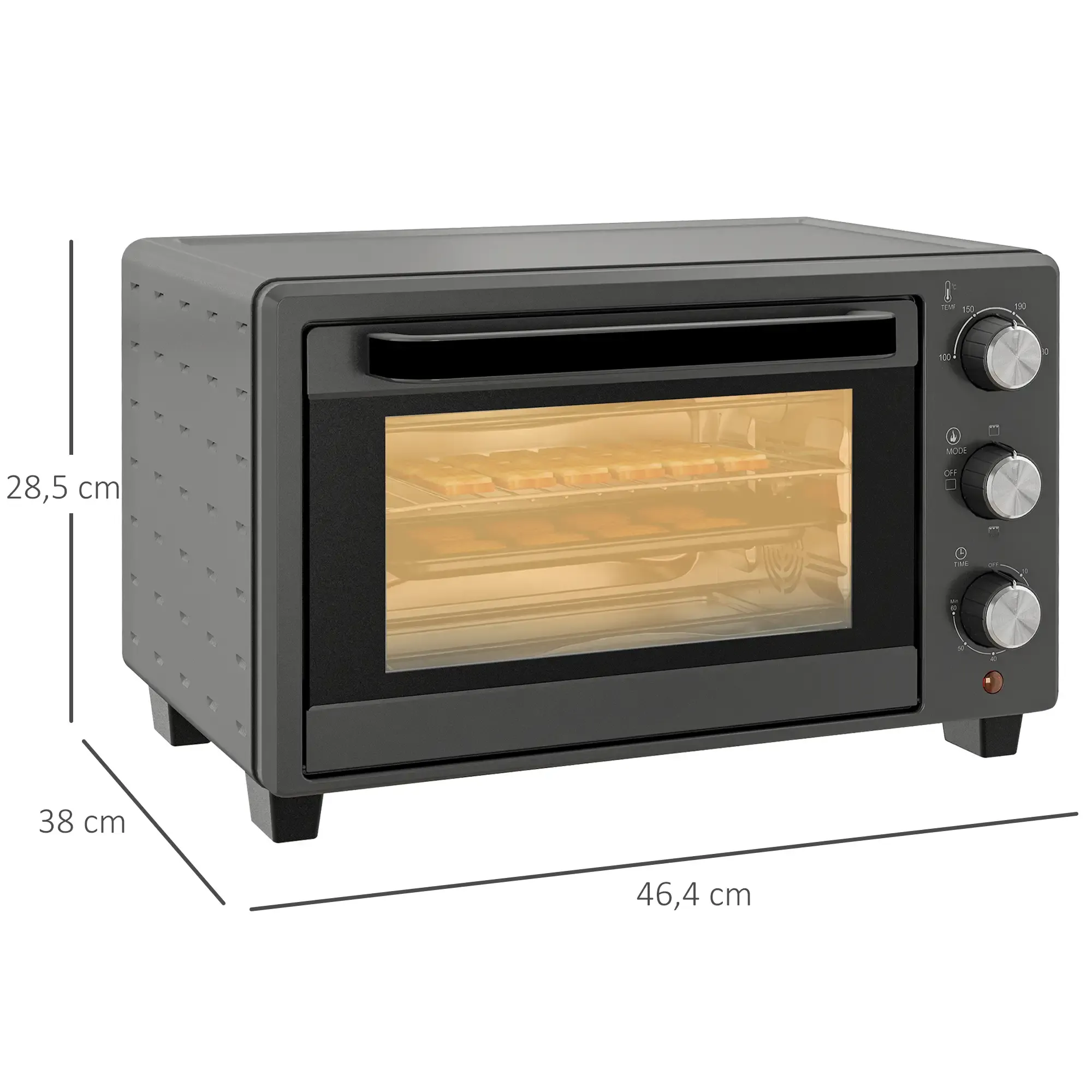 Grauer Tischbackofen mit Maßangaben. Im Inneren backen Brotscheiben. Knöpfe für Temperatur, Modus und Zeit sind sichtbar.