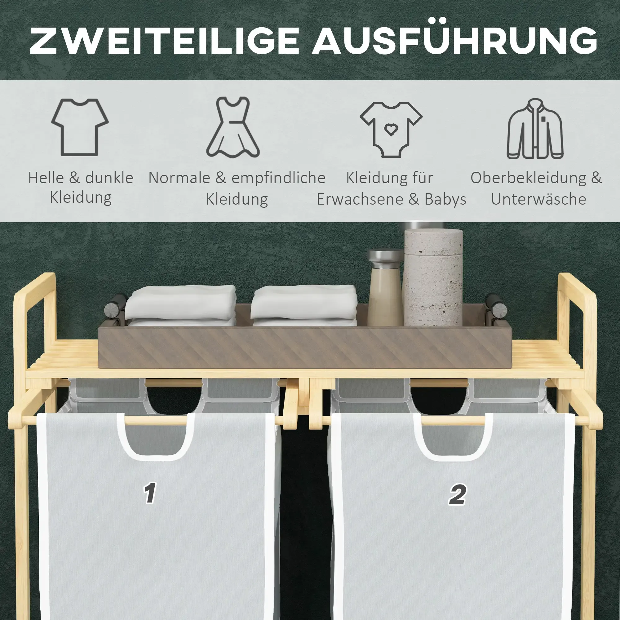 Ein hölzerner Wäschesortierer mit zwei grauen Säcken, einem oberen Regal mit gefalteten weißen Handtüchern und Dekorationen an einer grünen Wand.