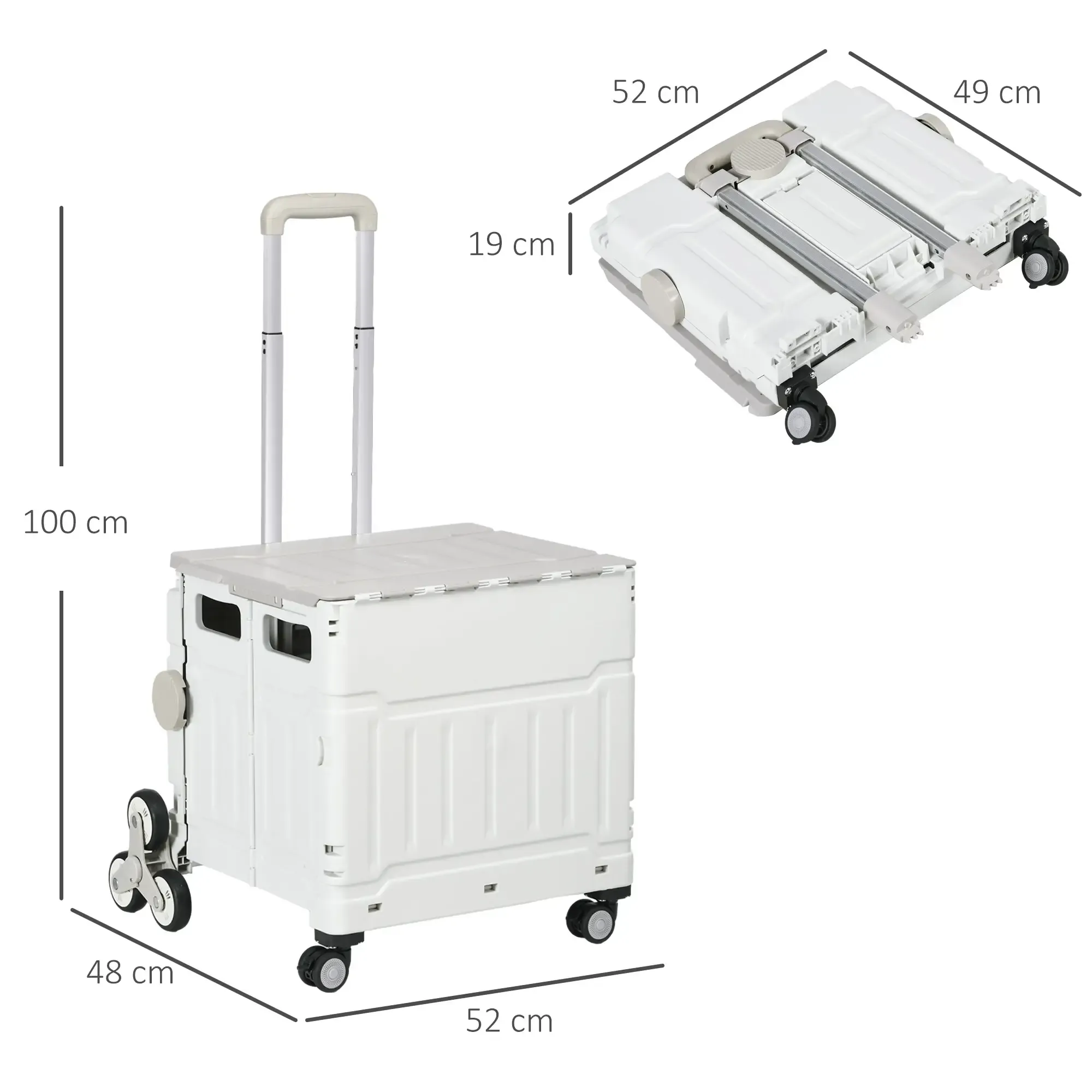 Weißer zusammenklappbarer Einkaufswagen mit beschrifteten Abmessungen. Griff ausgezogen, Wagen offen. Räder sichtbar.