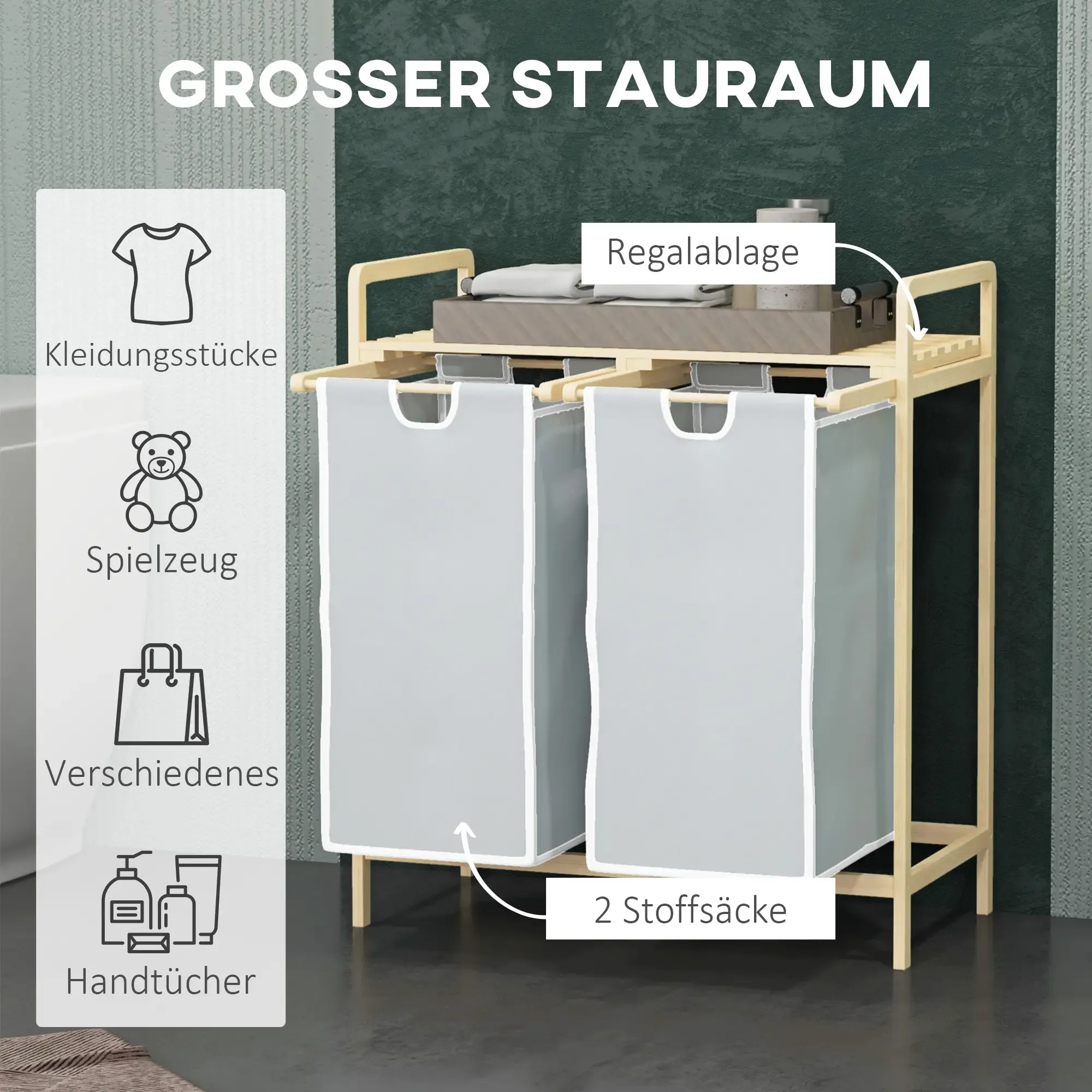 Ein Wäschesortierer aus Holz mit zwei grauen Stoffbeuteln. Ein Regal darüber hält Gegenstände. Textetiketten: Kleidung, Spielzeug, Verschiedenes, Handtücher.