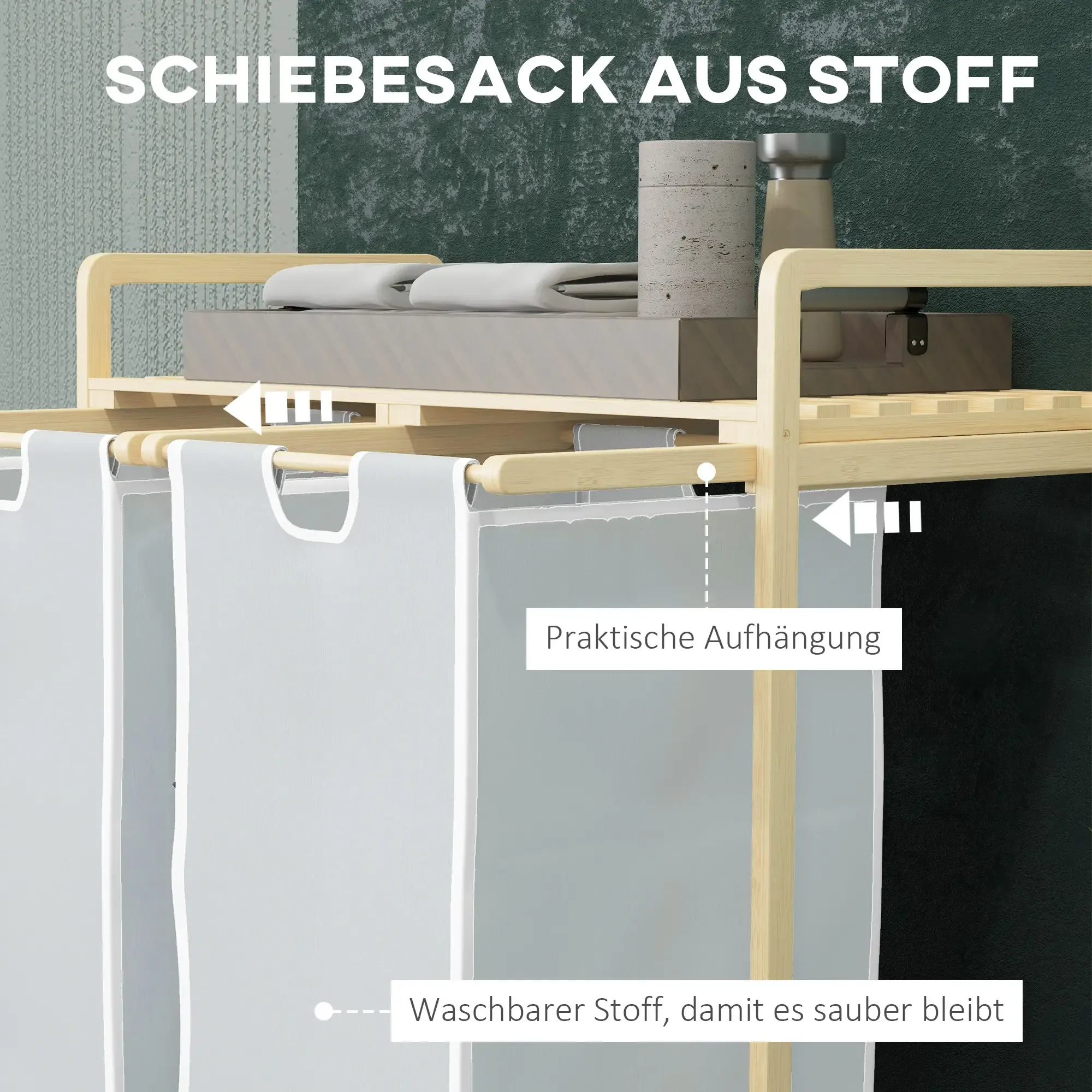 Ein hölzernes Aufbewahrungsmöbel mit hängenden Wäschebeuteln aus Stoff. Es hat zwei Regale und enthält Gegenstände oben.