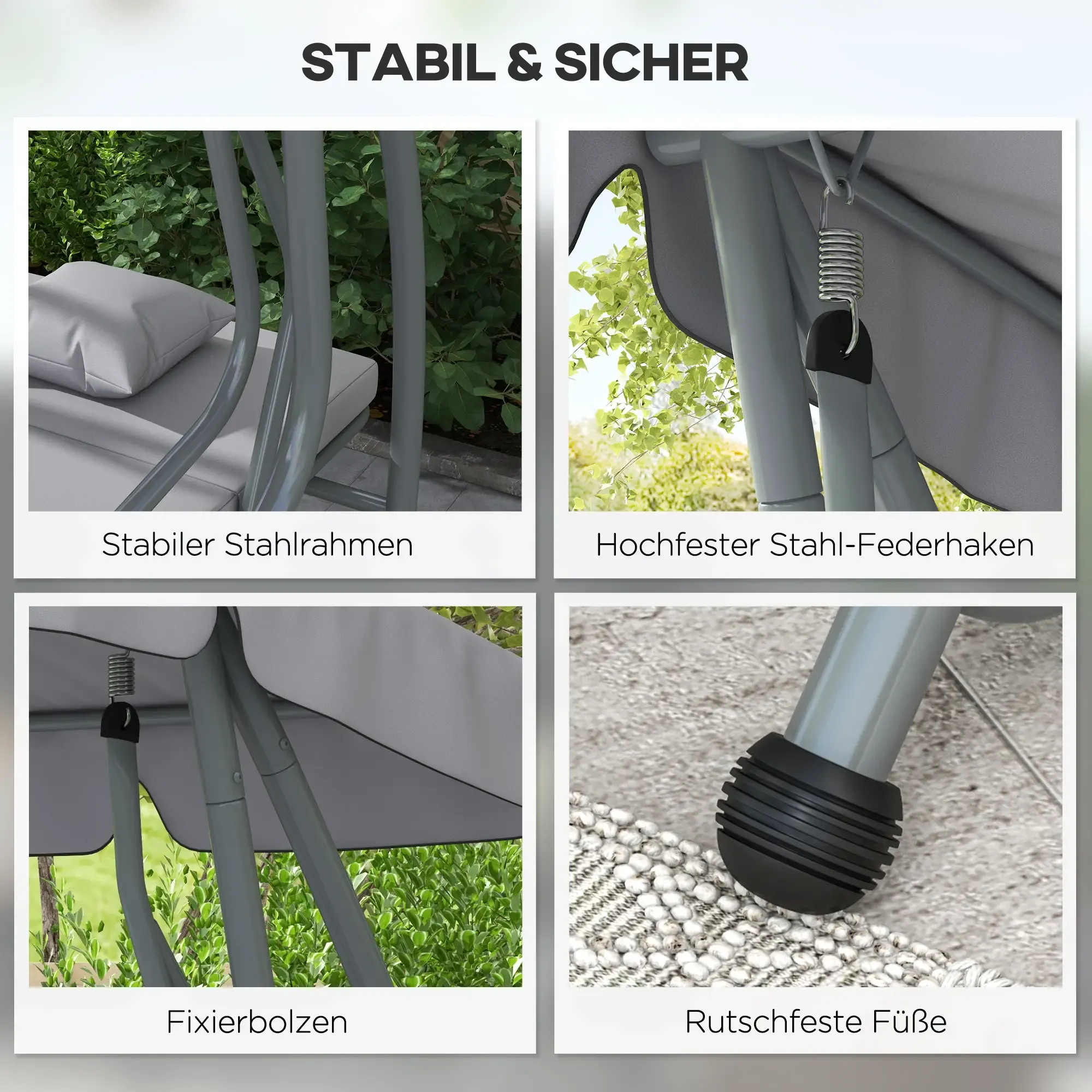 Das Bild zeigt eine Schaukel mit Details: Stahlrahmen, Federhaken, Befestigungsbolzen und rutschfeste Füße, alles in einem Garten.