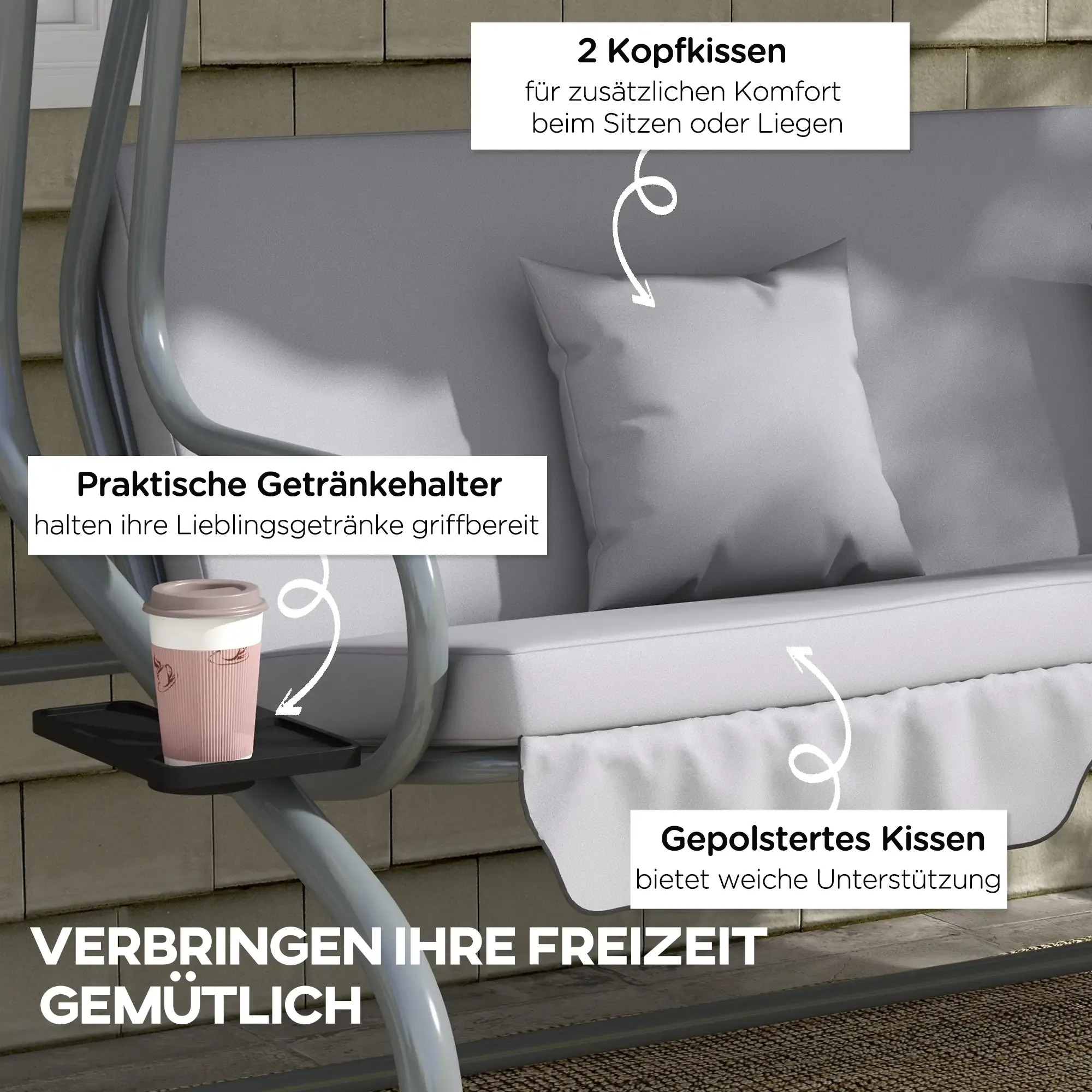 Graue Schaukel mit weißen Kissen, zwei Kissen und einem Getränkehalter mit einer Kaffeetasse. Text auf Deutsch.