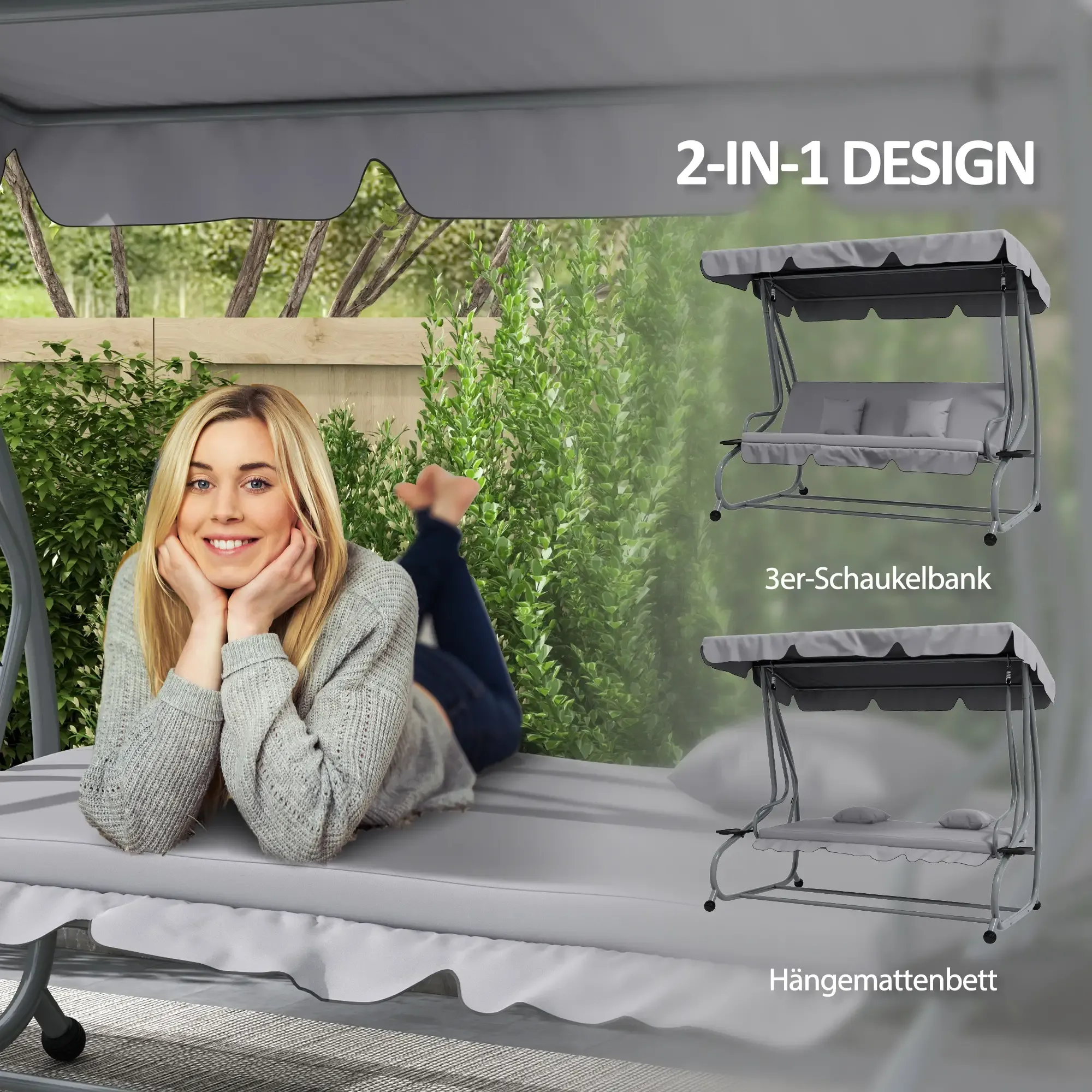 Blonde Frau liegt lächelnd auf einem grauen Schaukelbett. Grünes Laub im Hintergrund. Zwei 2-in-1-Schaukelbettdesigns.