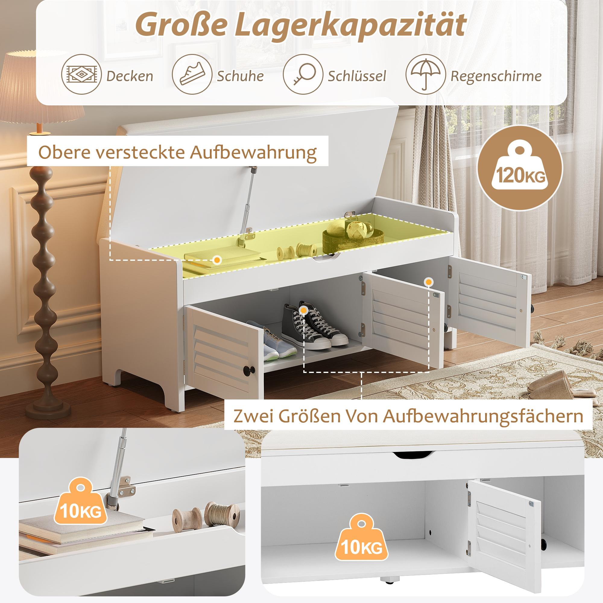 Weiße Aufbewahrungsbank mit offenen Fächern. Zeigt Schuhe und andere Gegenstände. Die Oberseite lässt sich öffnen.
