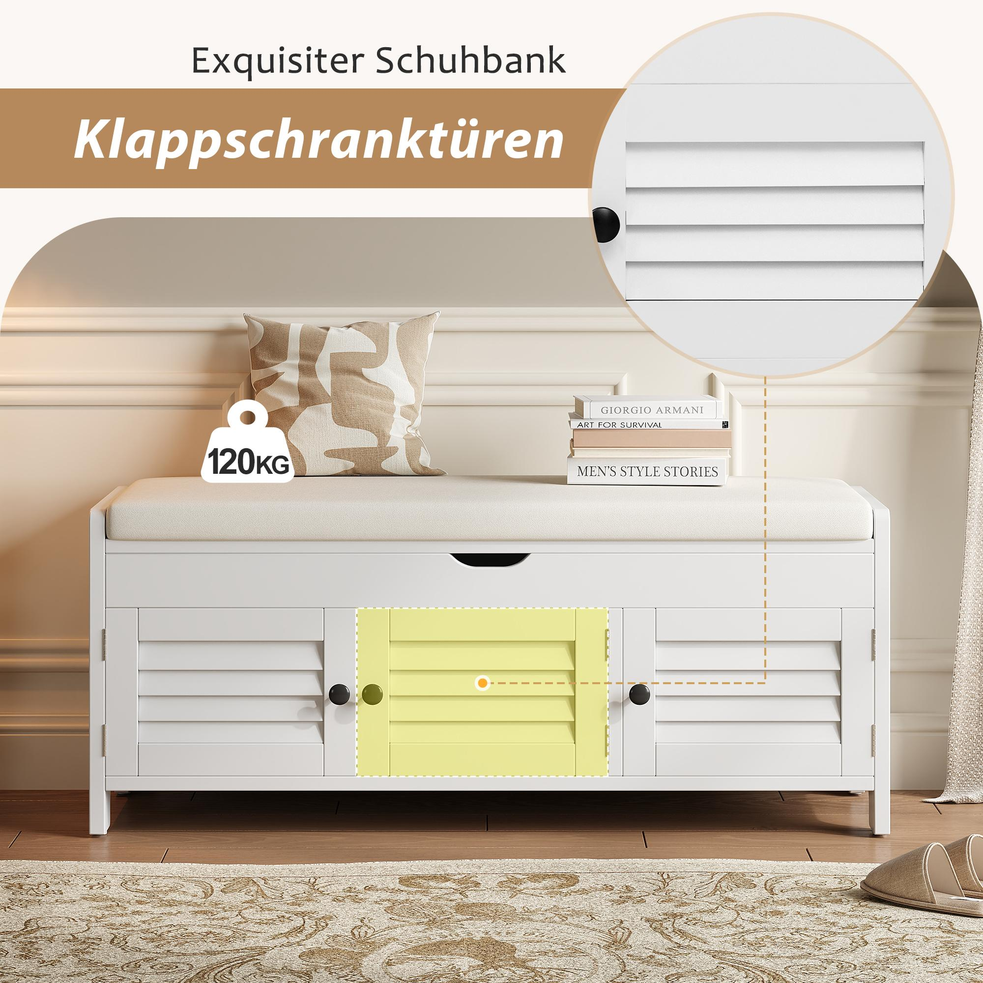 Weißer Schuhschrank mit Sitzkissen. Er hat eine gelbe Tür und eine Tragfähigkeit von 120 kg. Bücher und ein Kissen sind oben drauf.