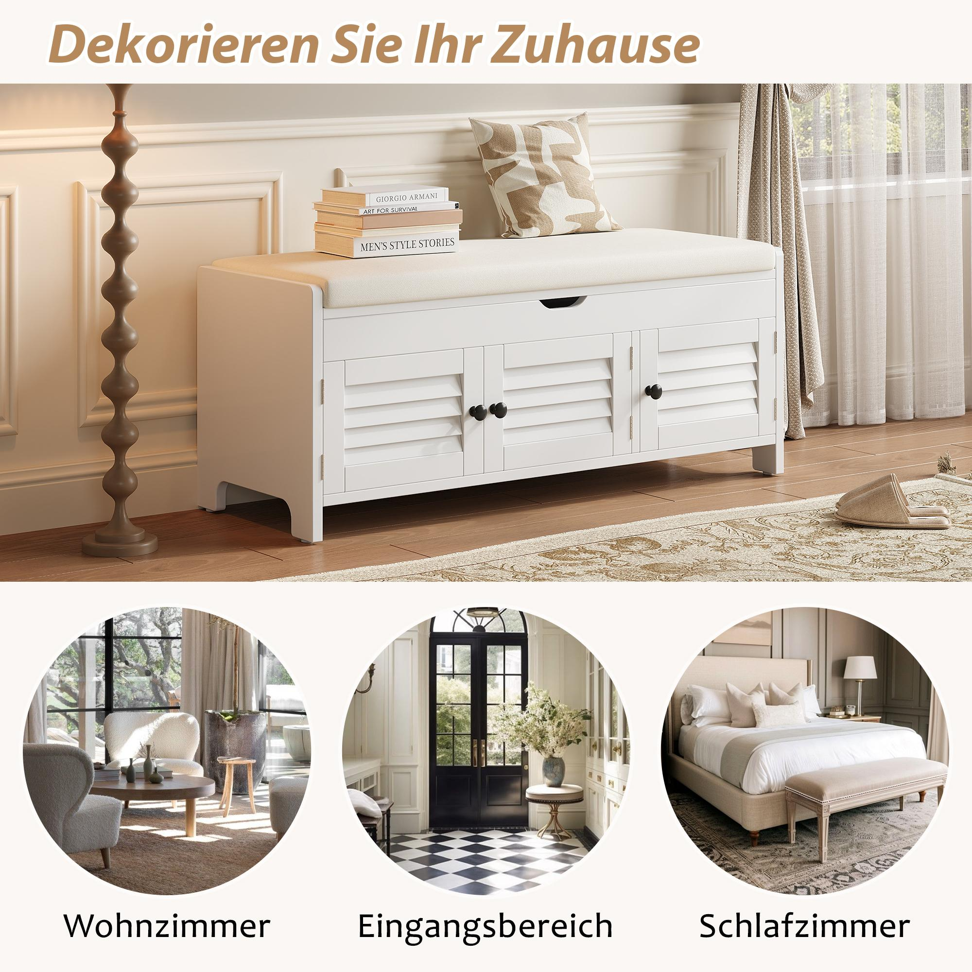 Eine weiße Bank mit Büchern und einem Kissen steht vor einem Fenster. Darunter sind drei Raumoptionen: Wohnzimmer, Eingang, Schlafzimmer.
