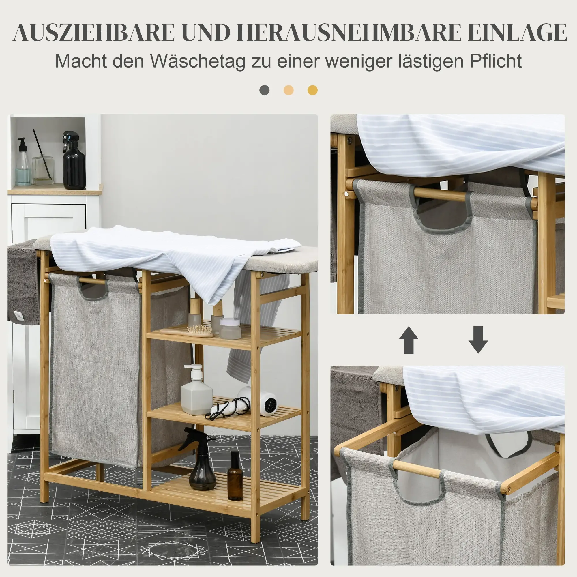 Wäscheständer aus Holz mit grauen Stoffkörben und Regalen. Weißer Schrank im Hintergrund, Handtücher und Reinigungsmittel sichtbar.