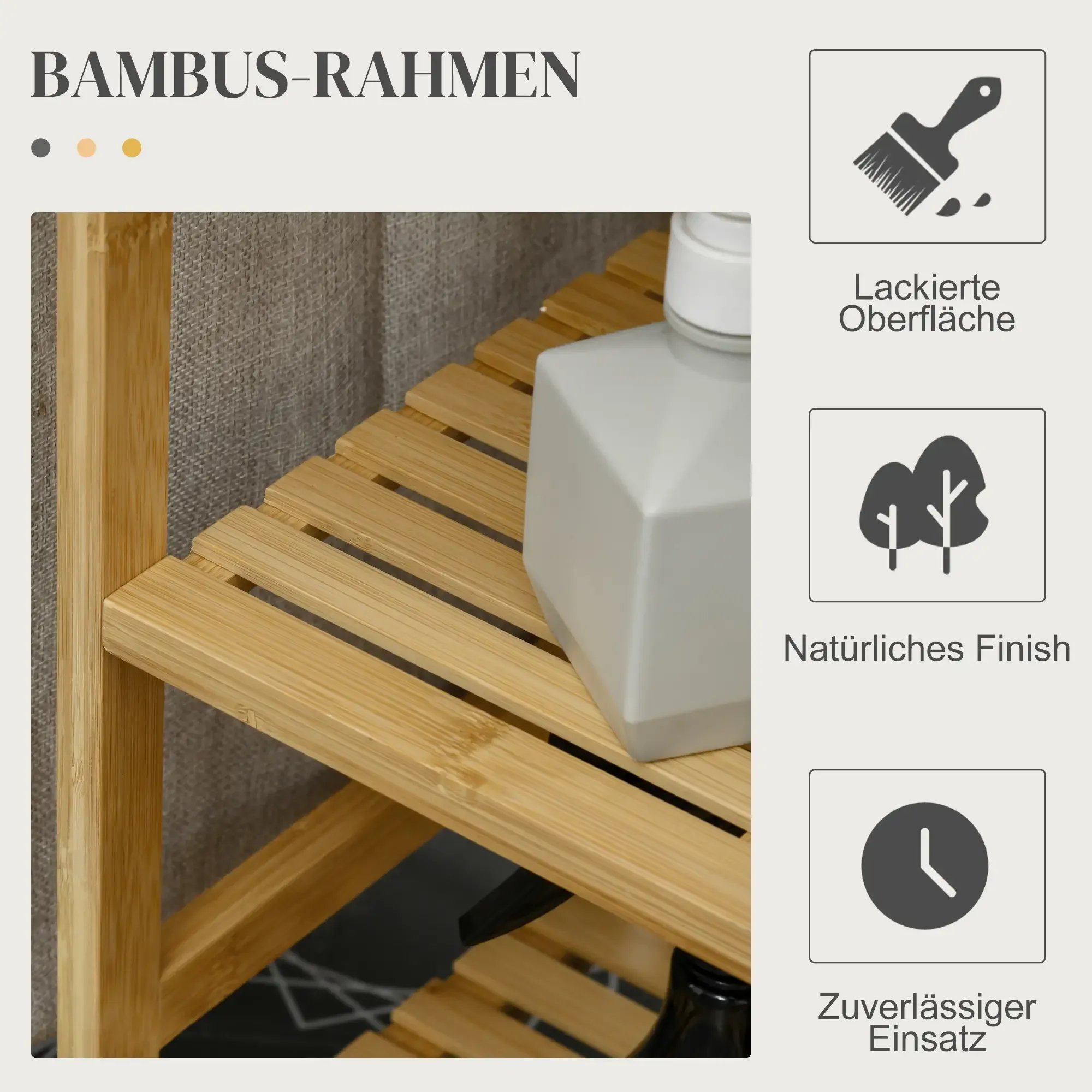 Bambusregal mit einer weißen Flasche. Der Hintergrund ist eine strukturierte graue Wand. Rechts sind Icons.