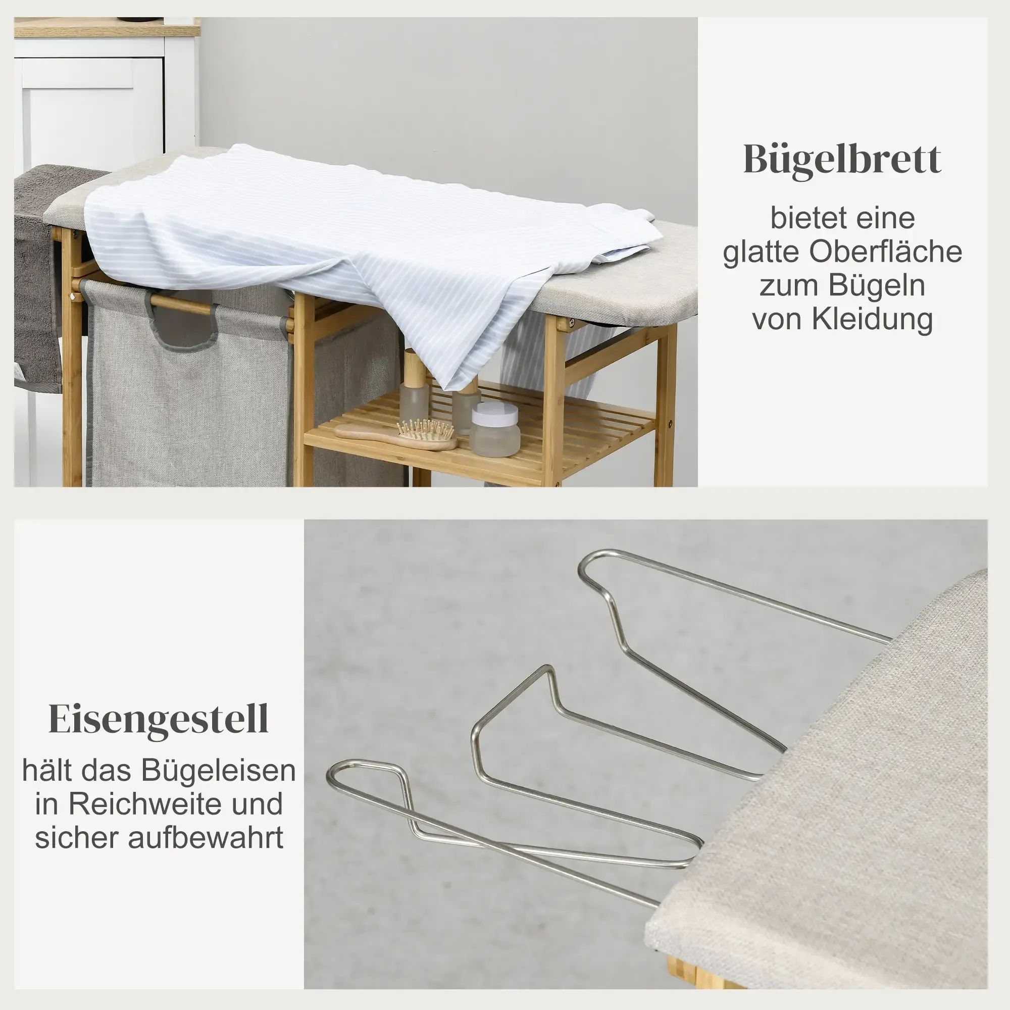 Bügelbrett mit Hemd. Es hat ein Regal und eine Stofftasche. Die Eisenablage befindet sich rechts.