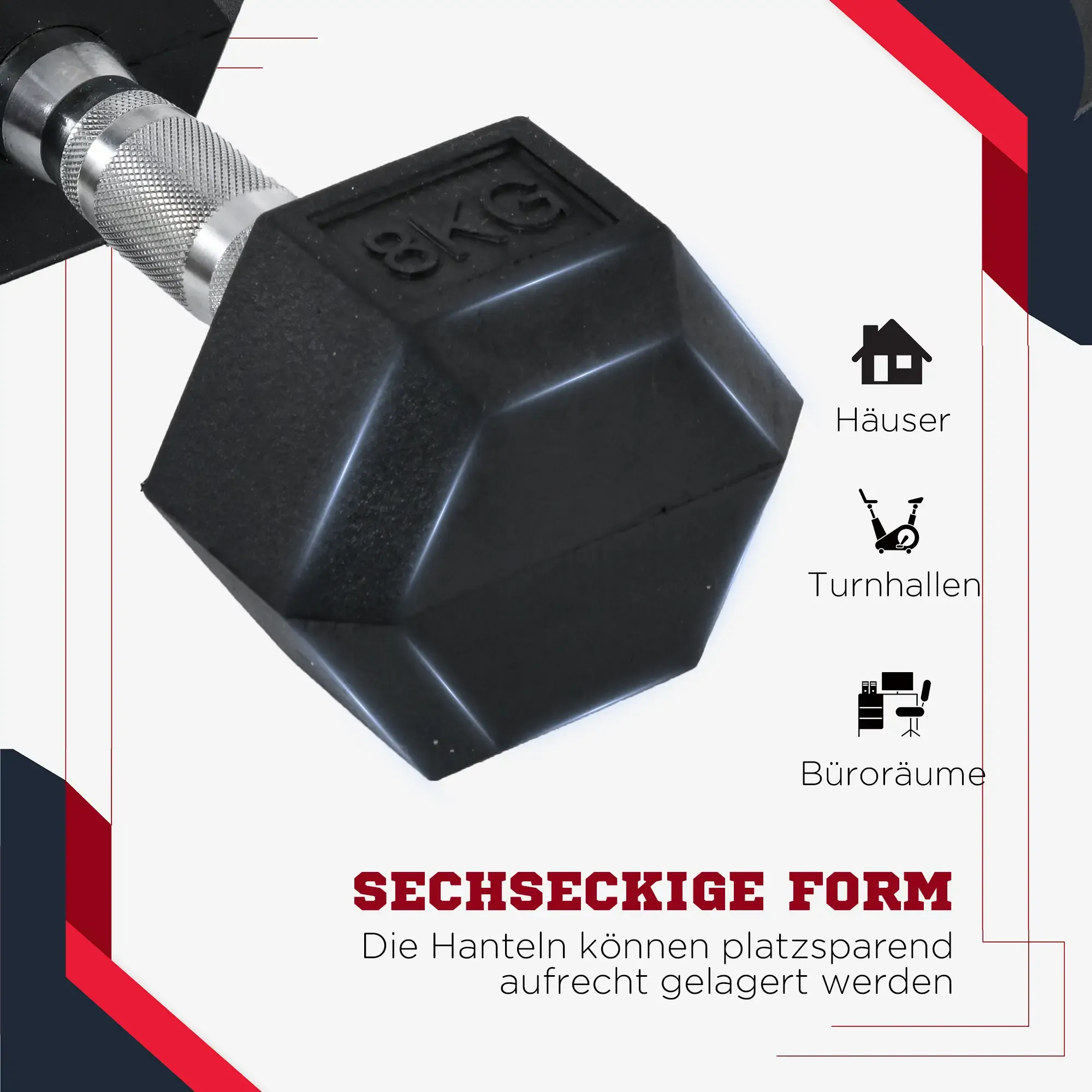 Schwarze Hantel mit 8KG-Etikett, silbernem Griff und Text über die Form. Häuser, Fitnessstudios und Büros werden gezeigt.