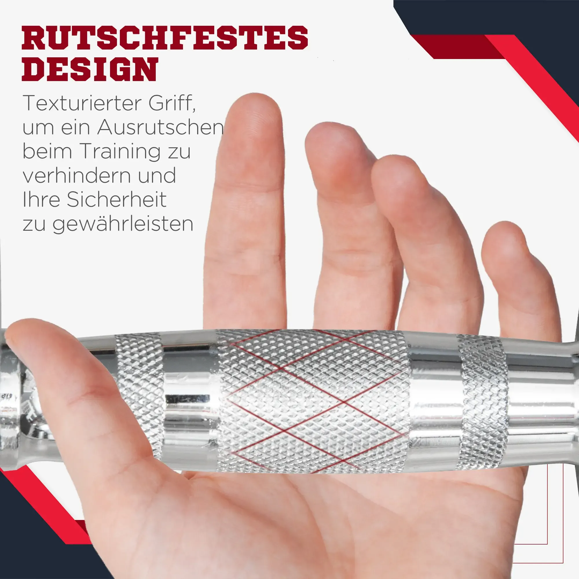Hand hält eine strukturierte, silberne Stange mit roten Linien. Text im Hintergrund lautet 'RUTSCHFESTES DESIGN'.