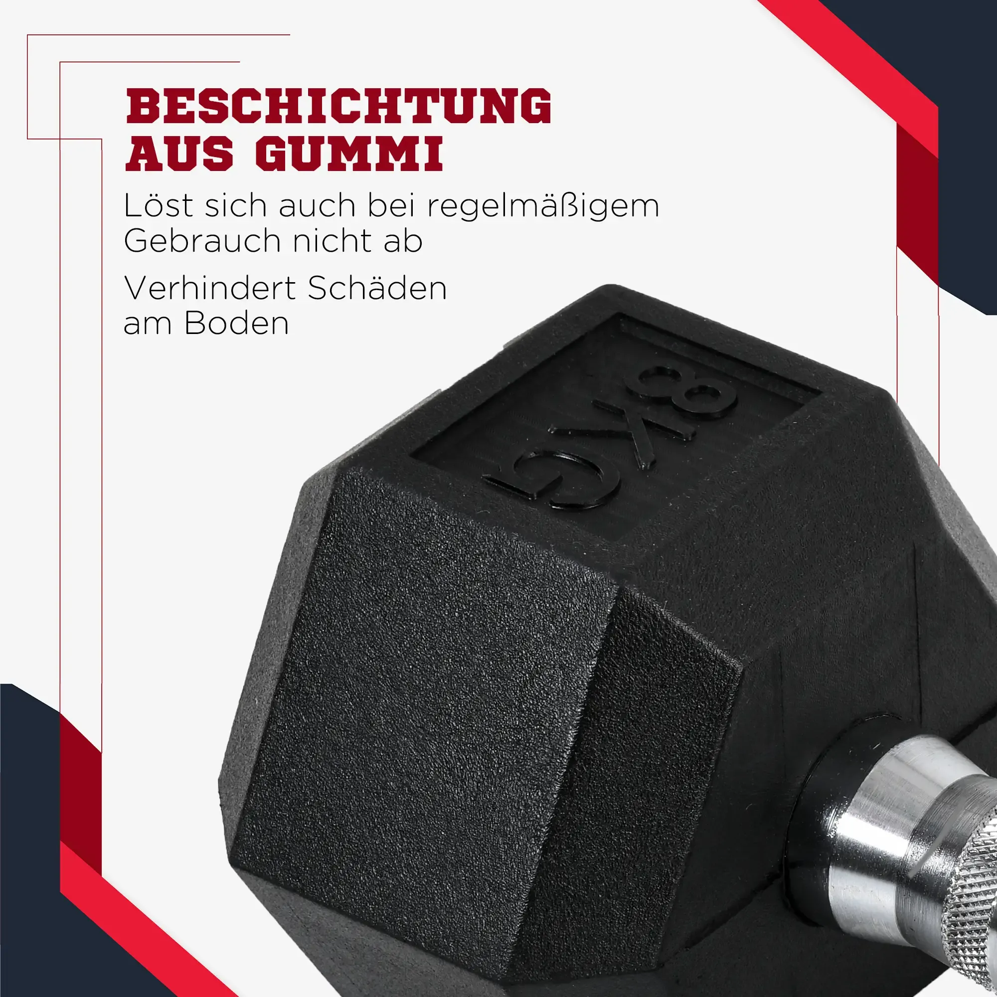Nahaufnahme einer schwarzen Hantel. Der Text auf dem Bild lautet 'Gummibeschichtung' und weitere Details.