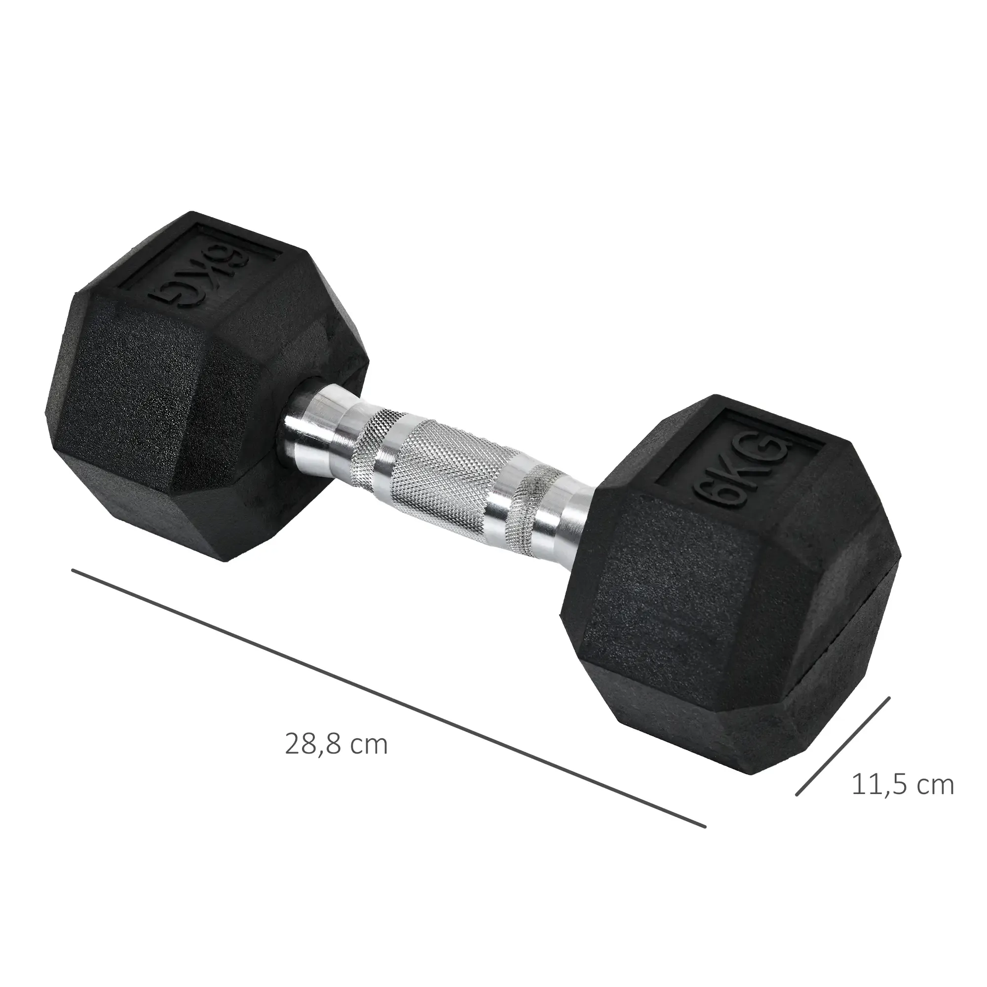 Schwarze Kurzhantel mit 6KG-Markierung. Sie hat einen silbernen Griff. Die Abmessungen betragen 28,8 cm Länge und 11,5 cm Breite.