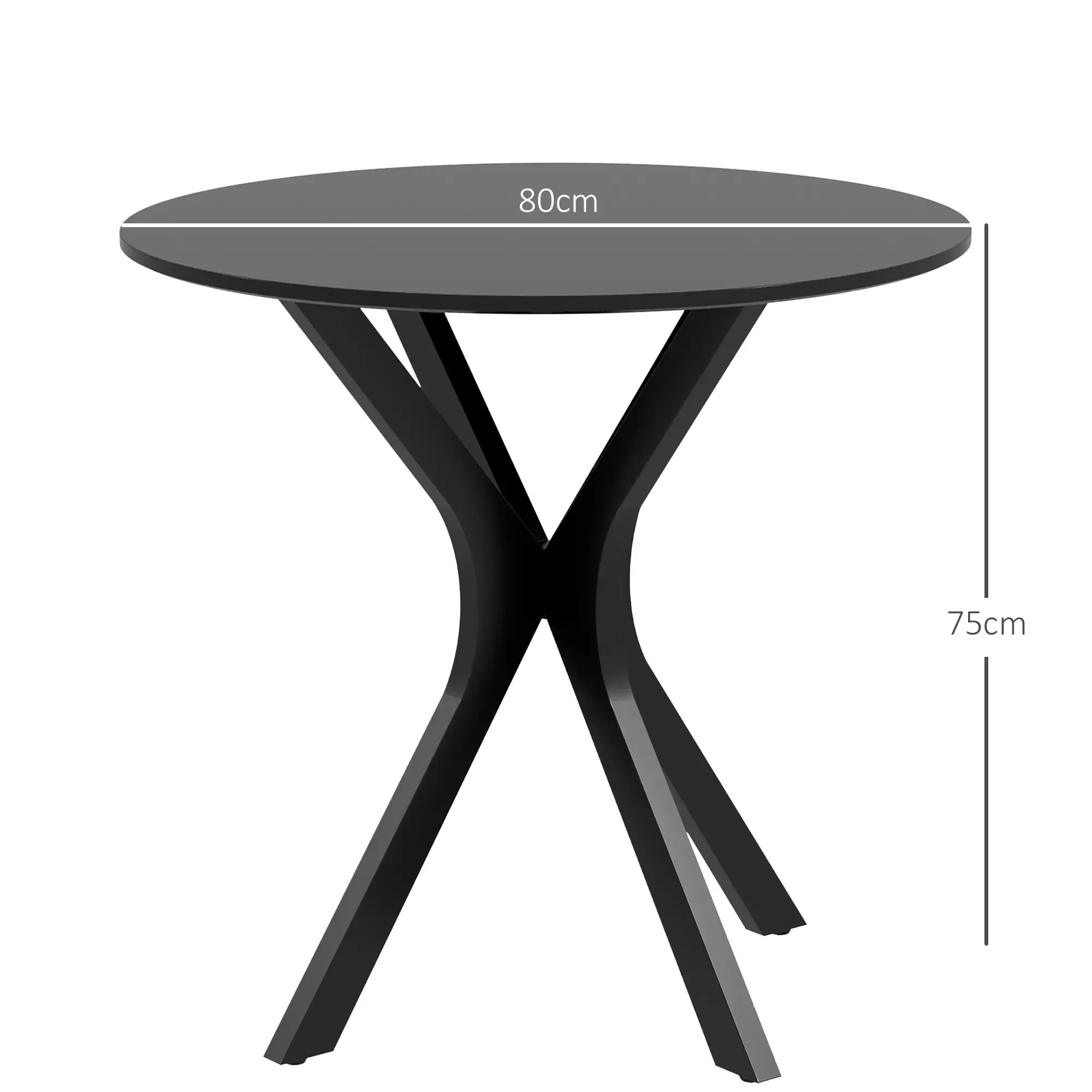 Ein schwarzer runder Tisch mit einem schwarzen X-förmigen Fuß. Er ist 80 cm breit und 75 cm hoch, die Maße sind weiß beschriftet.