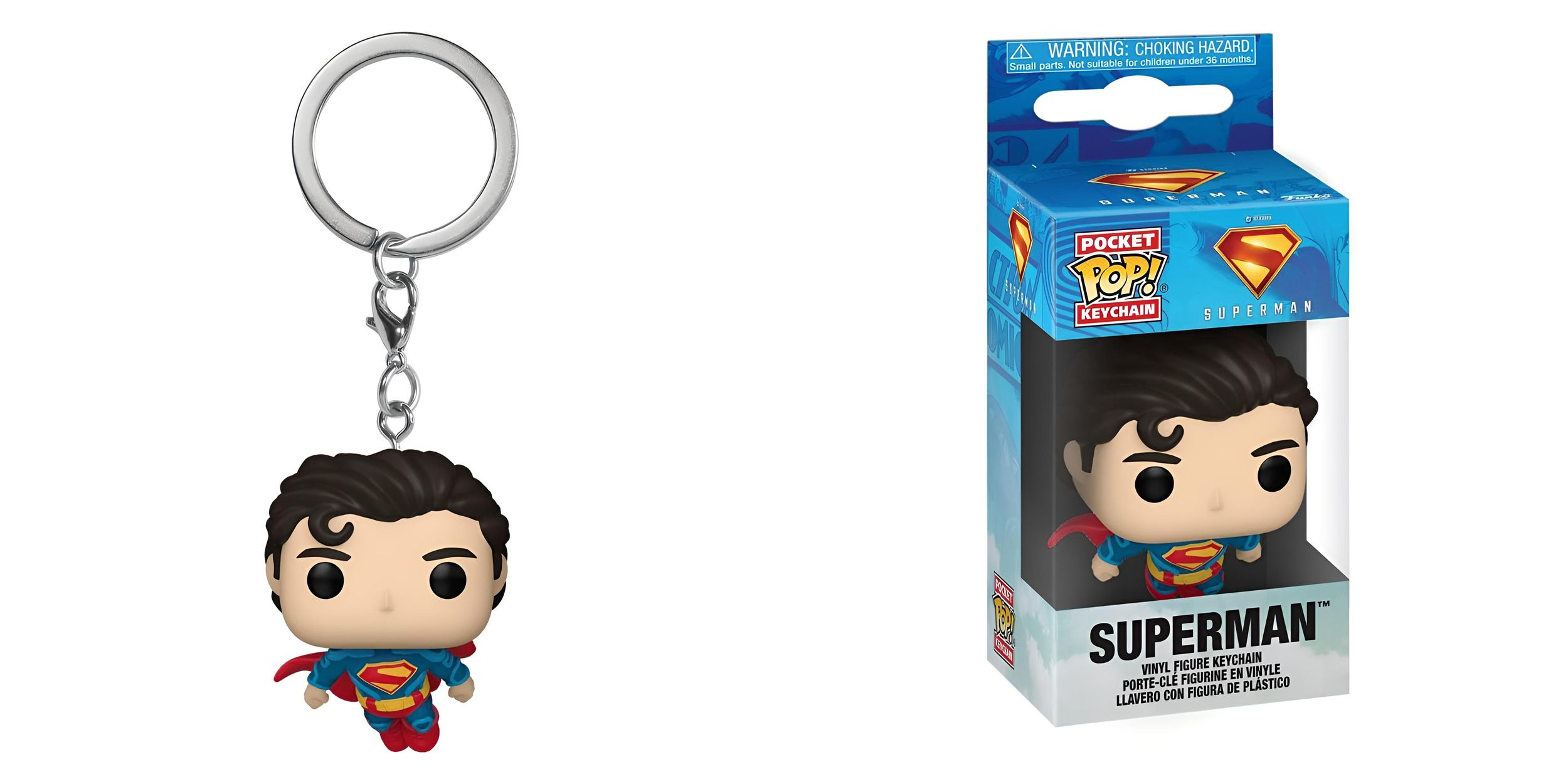 Ein Superman-Schlüsselanhänger und eine verpackte Figur. Die Figur ist blau, rot und gelb. Die Verpackung ist blau mit Supermans Logo.