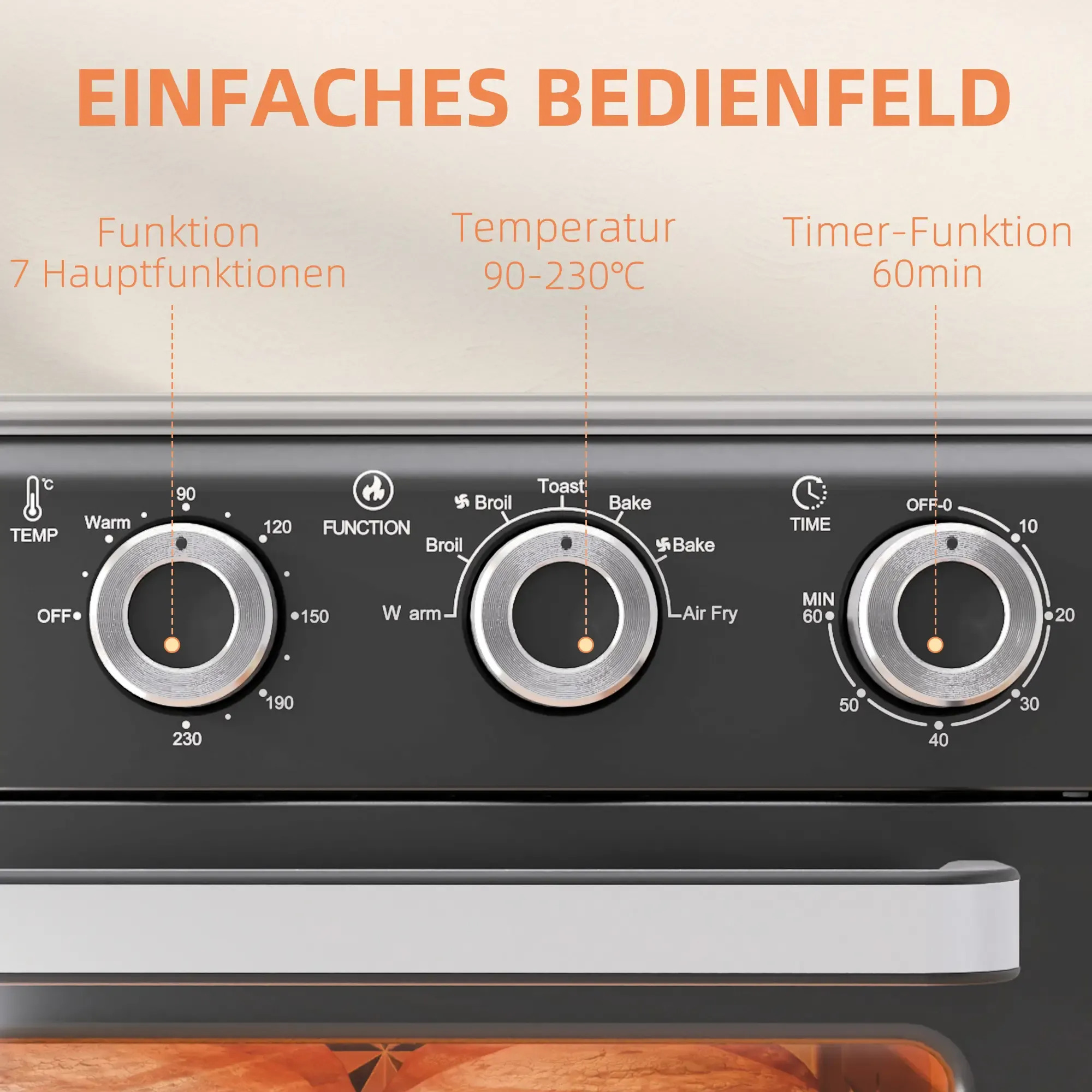 Backofen-Bedienfeld mit Drehreglern für Temperatur, Funktion und Timer. Textbeschriftungen auf Deutsch. Knöpfe mit Temperatur- und Zeiteinstellungen.