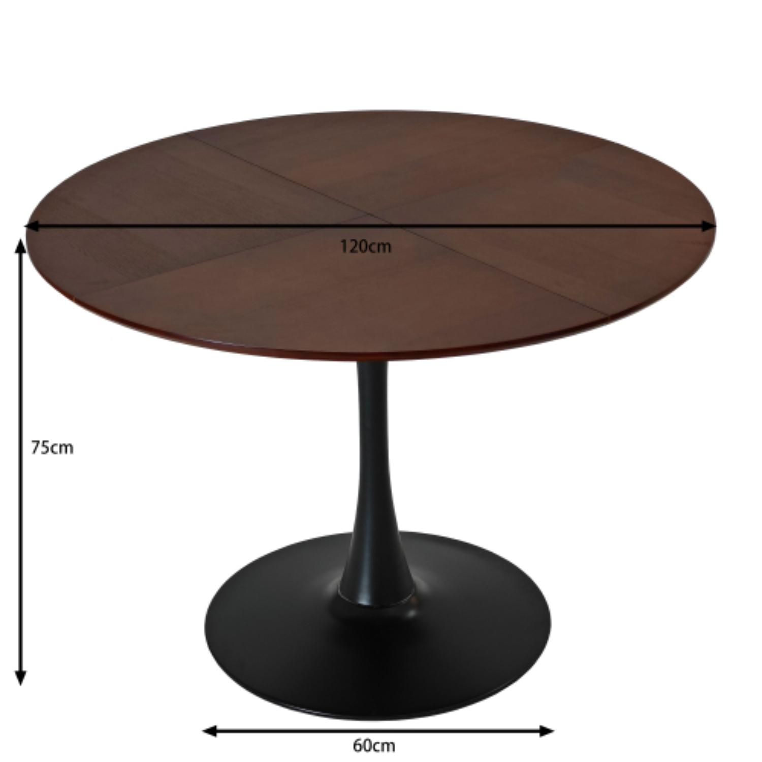 Ein brauner, runder Tisch mit schwarzem Fuß. Der Tisch hat 120 cm Durchmesser, ist 75 cm hoch und der Fuß ist 60 cm breit.