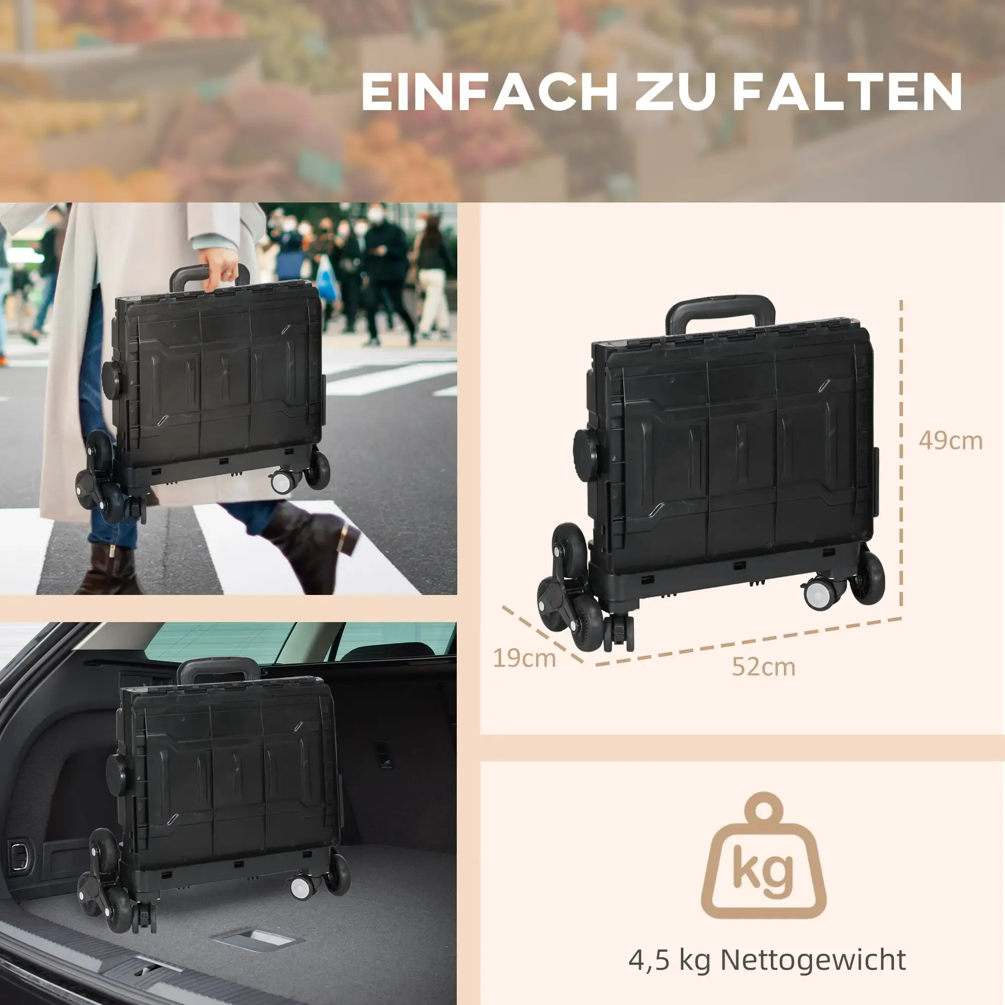 Ein schwarzer, zusammenklappbarer Einkaufswagen wird in verschiedenen Umgebungen gezeigt, einschließlich Tragen und im Kofferraum eines Autos.
