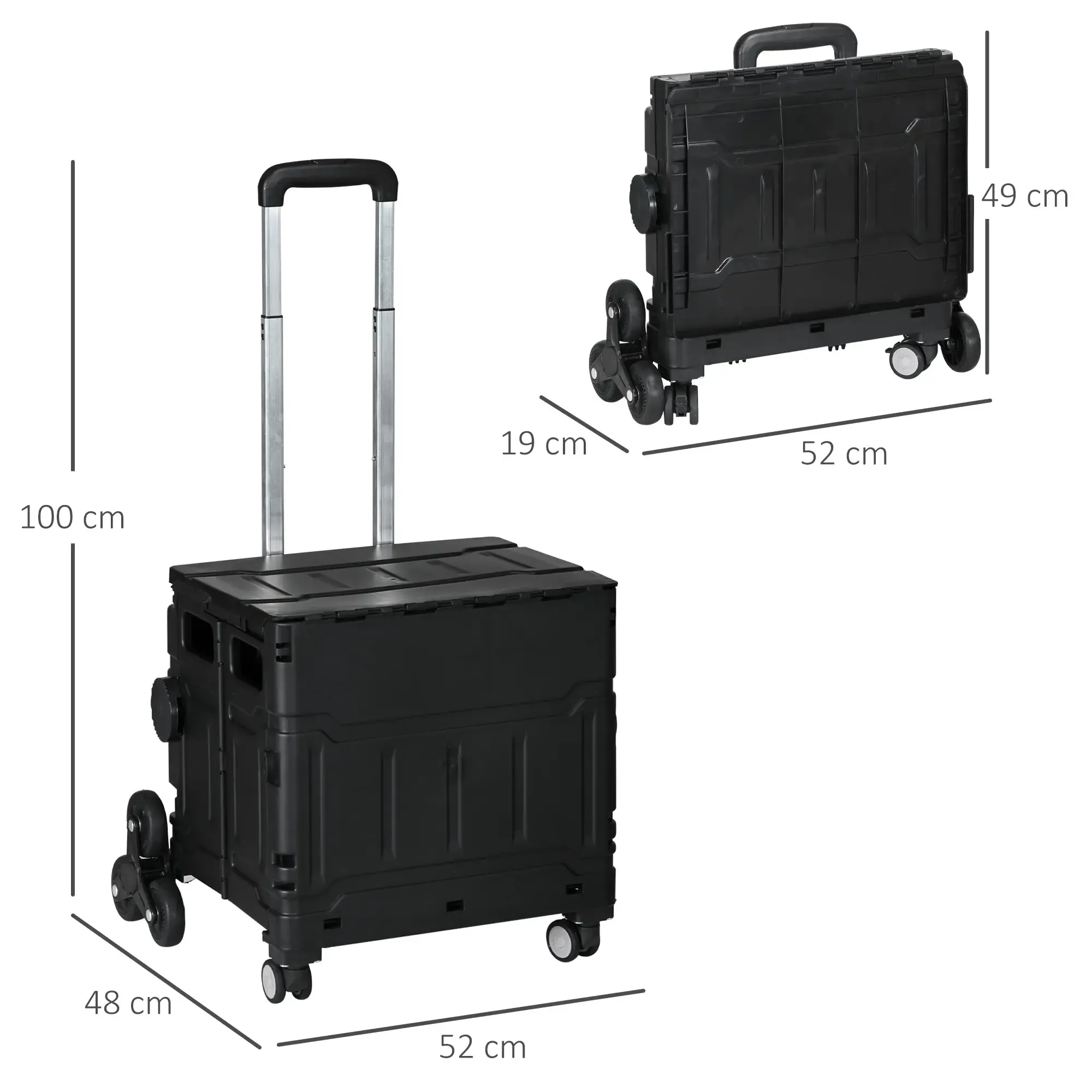 Ein schwarzer, zusammenklappbarer Einkaufswagen, offen und geschlossen dargestellt, mit Abmessungen. Der offene Wagen hat den Griff ausgezogen.