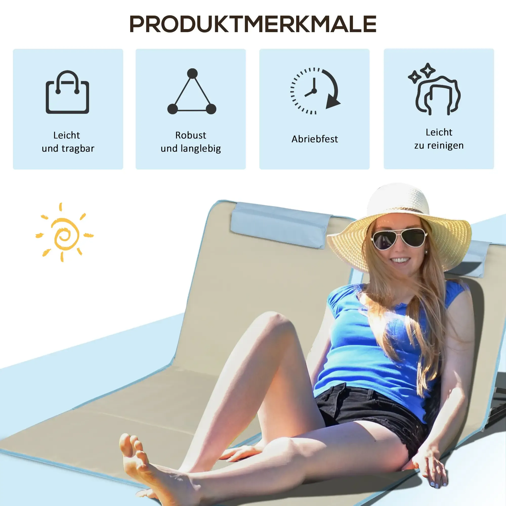 Eine Frau mit Sonnenbrille und Hut liegt auf einem beigefarbenen Liegestuhl. Der Stuhl hat eine blaue Kopfstütze. Der Hintergrund hat Produktmerkmale.