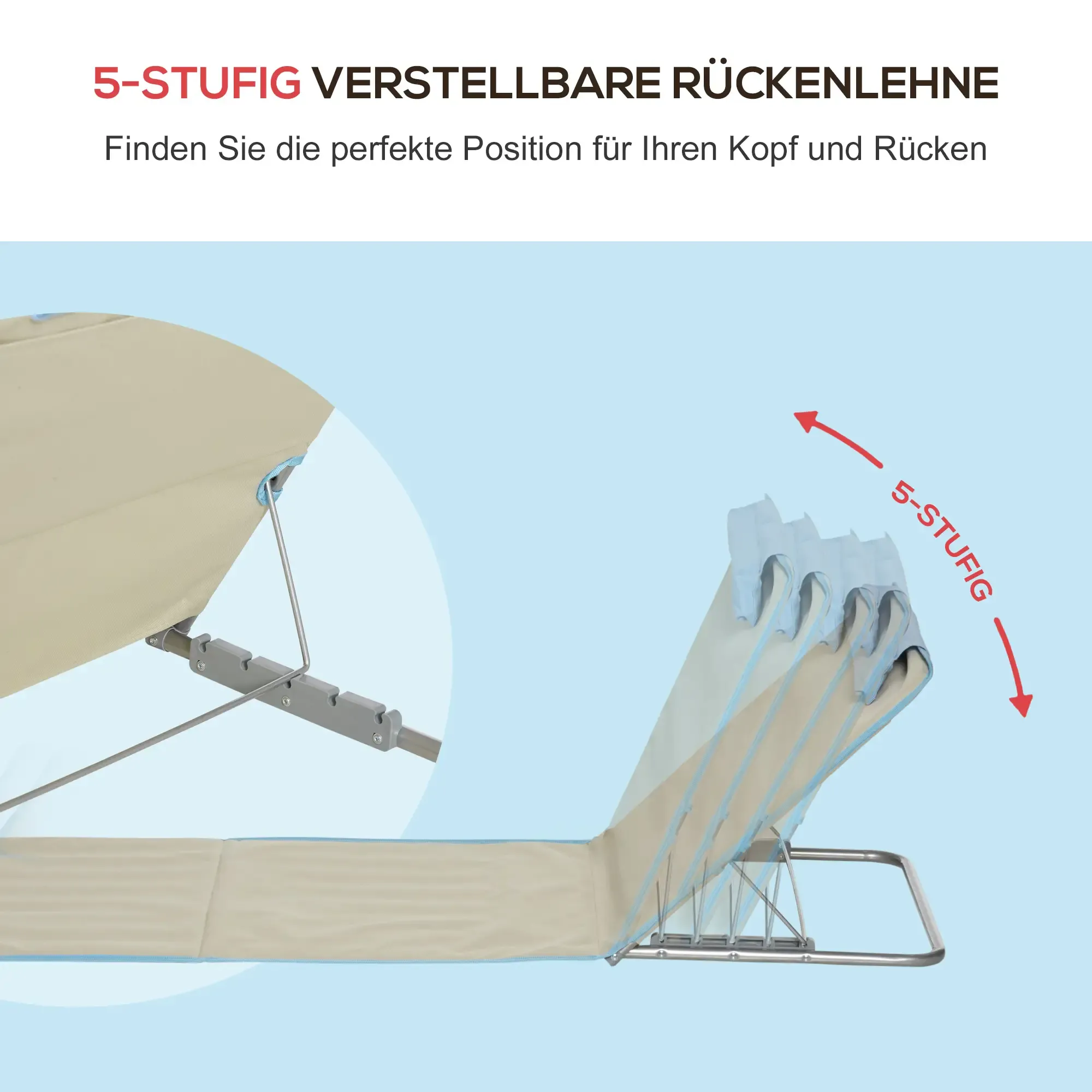 Ein Strandstuhl mit verstellbarer Rückenlehne wird gezeigt, wobei die 5-fach-Verstellung hervorgehoben wird. Das Design hat eine beige Oberfläche und einen blauen Hintergrund.