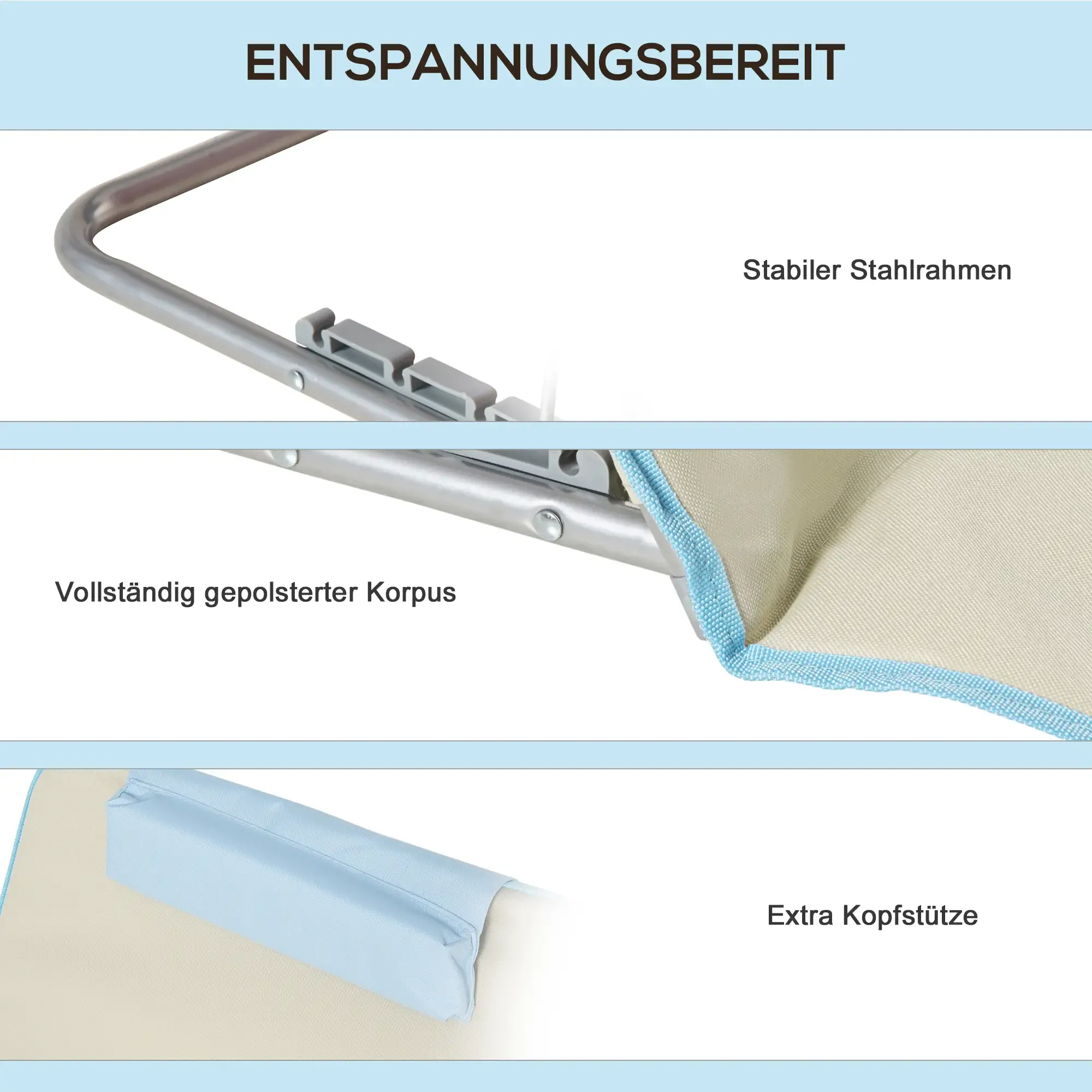 Entspannungsbereiter Stuhl mit Stahlrahmen und gepolstertem Körper. Verfügt über eine extra Kopfstütze. Hellblaue und beige Farben sichtbar.