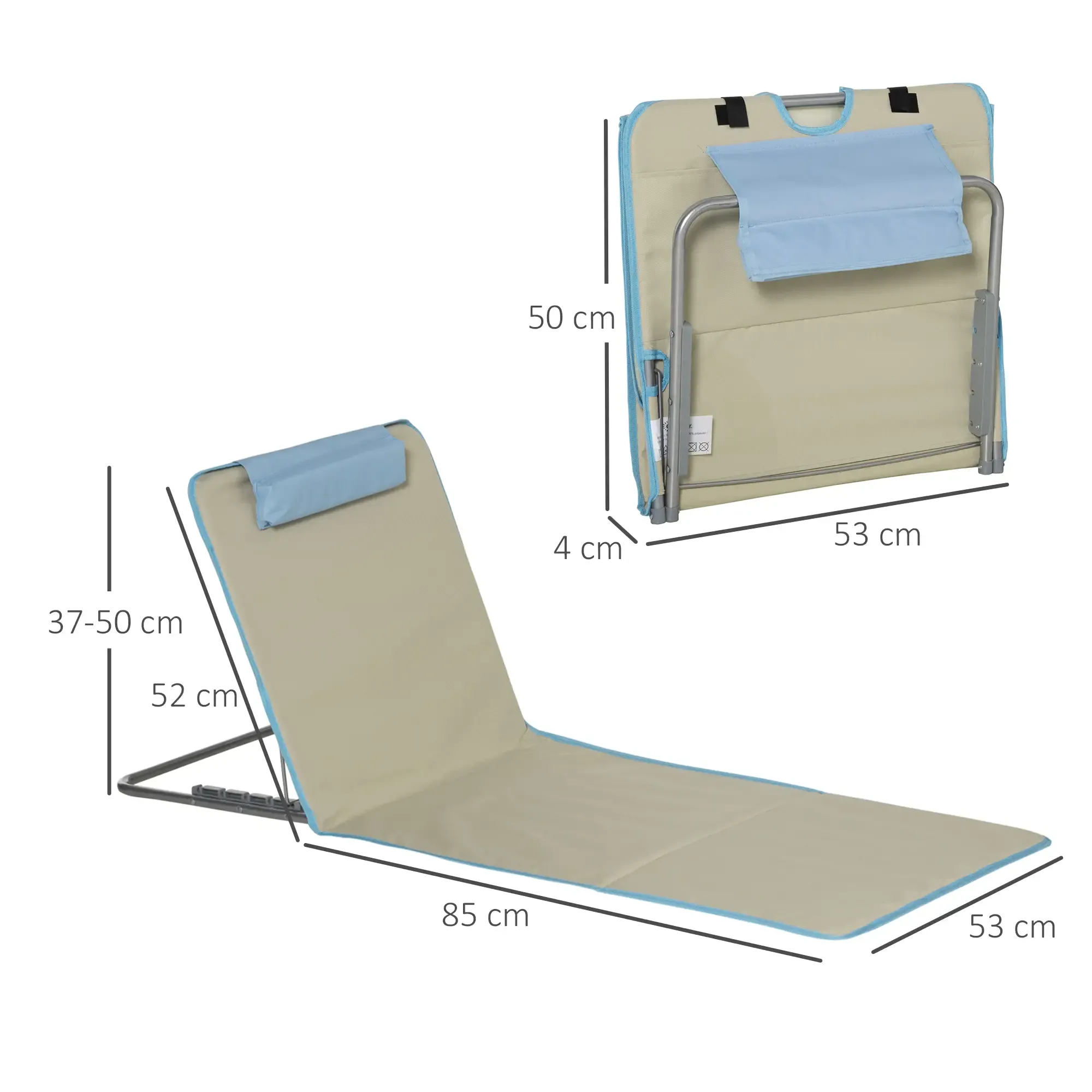 Beige Strandmatte mit blauem Rand und Kopfstütze. Gefalteter Stuhl zeigt Maße. Abmessungen: 85x53x4 cm, Kopfstütze 37-50 cm.