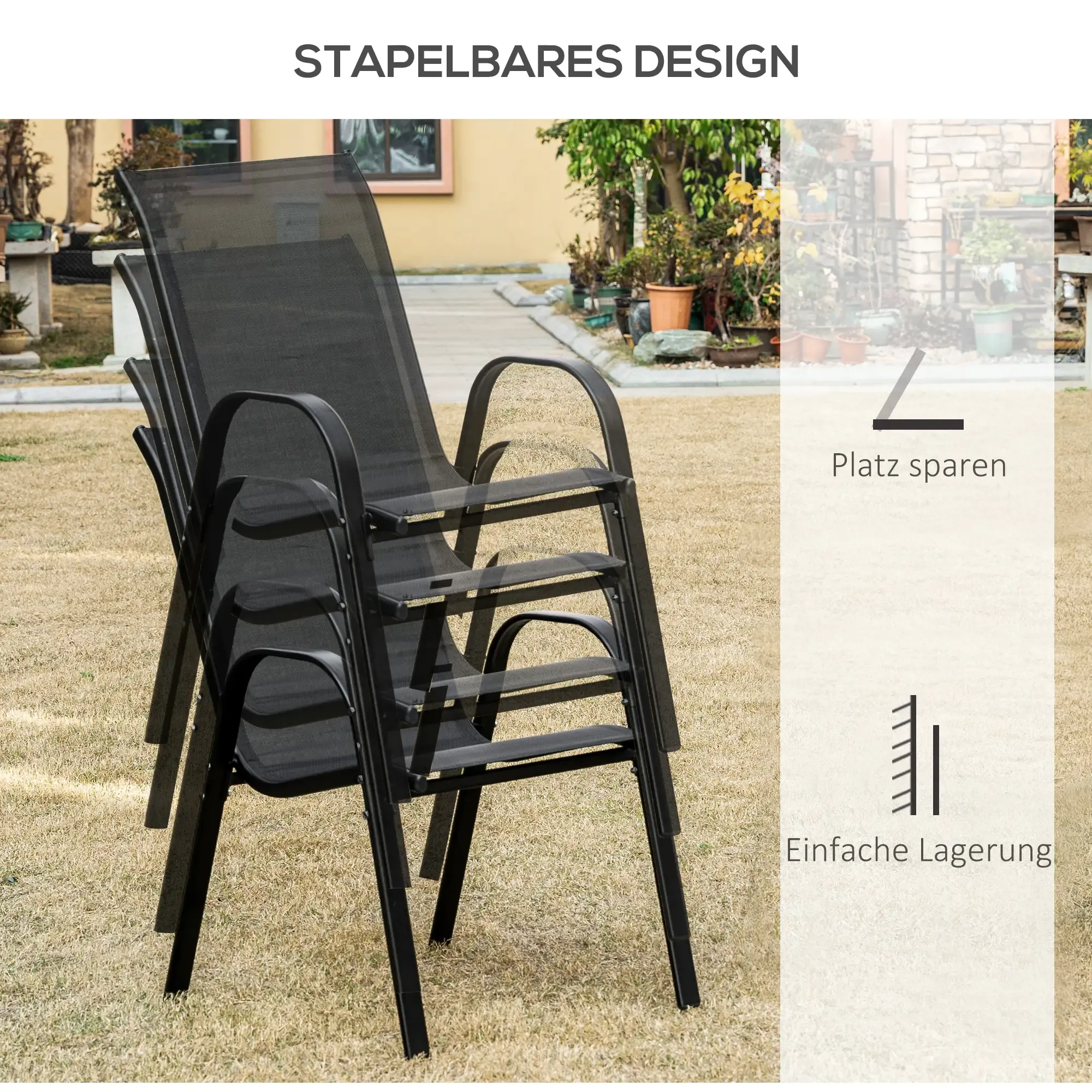 Gestapelte schwarze Stühle auf Gras. Text lautet 'stapelbares Design', 'Platz sparen' und 'einfache Lagerung'.
