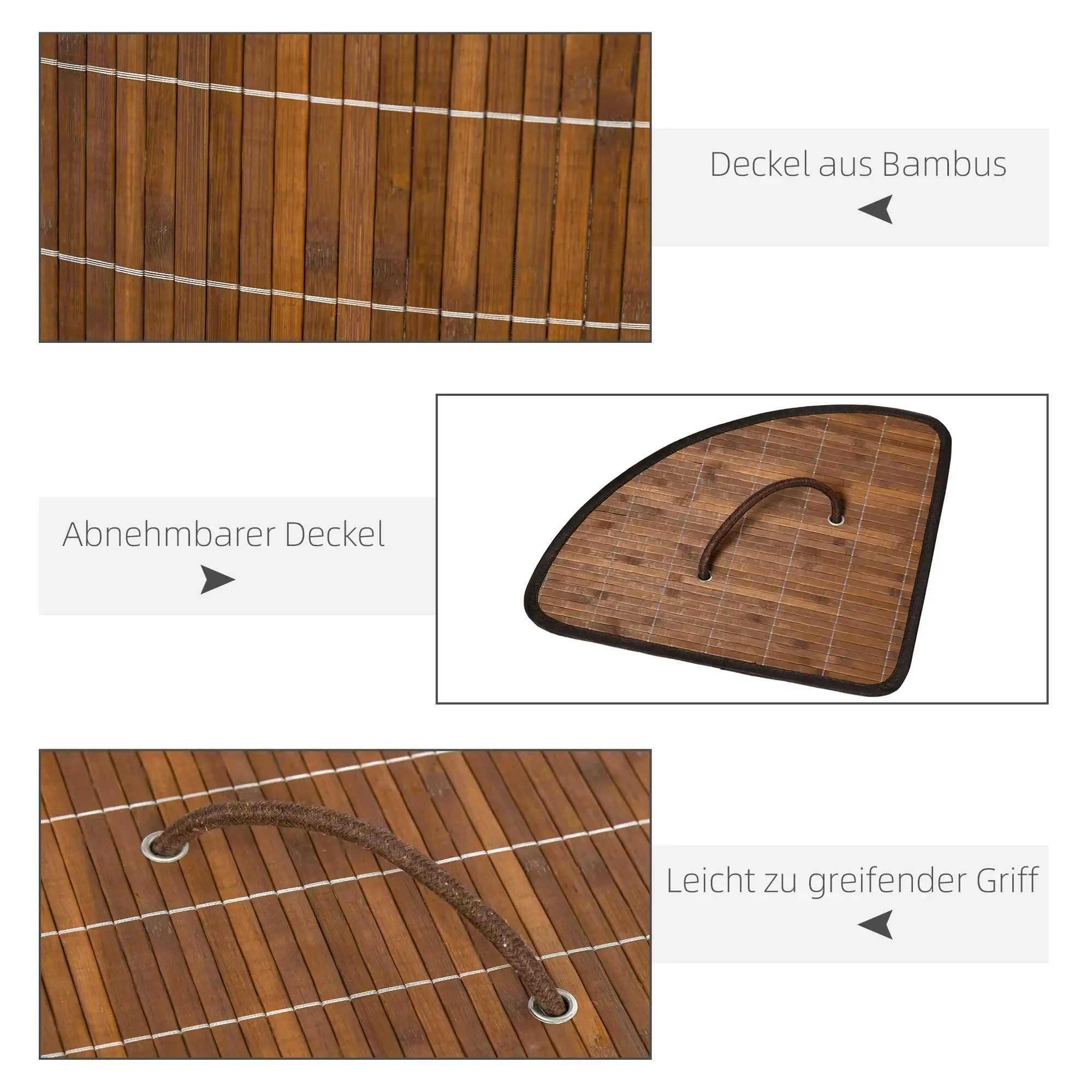Bambusdeckel mit Griff. Der Deckel ist braun und hat einen Seilgriff. Der Hintergrund besteht aus Bambus.