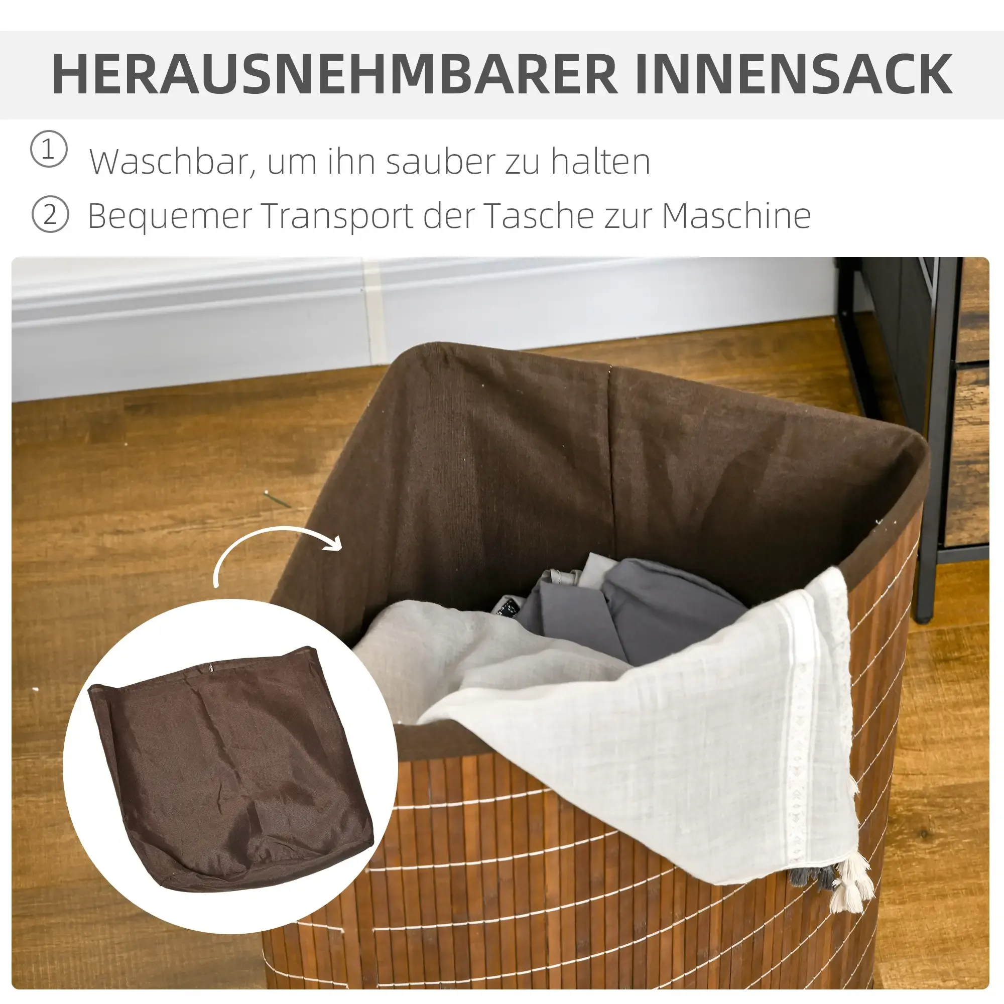 Ein brauner Wäschekorb mit herausnehmbarem braunen Innenfutter. Kleidung ist innen. Ein Bild zeigt das getrennte Innenfutter.