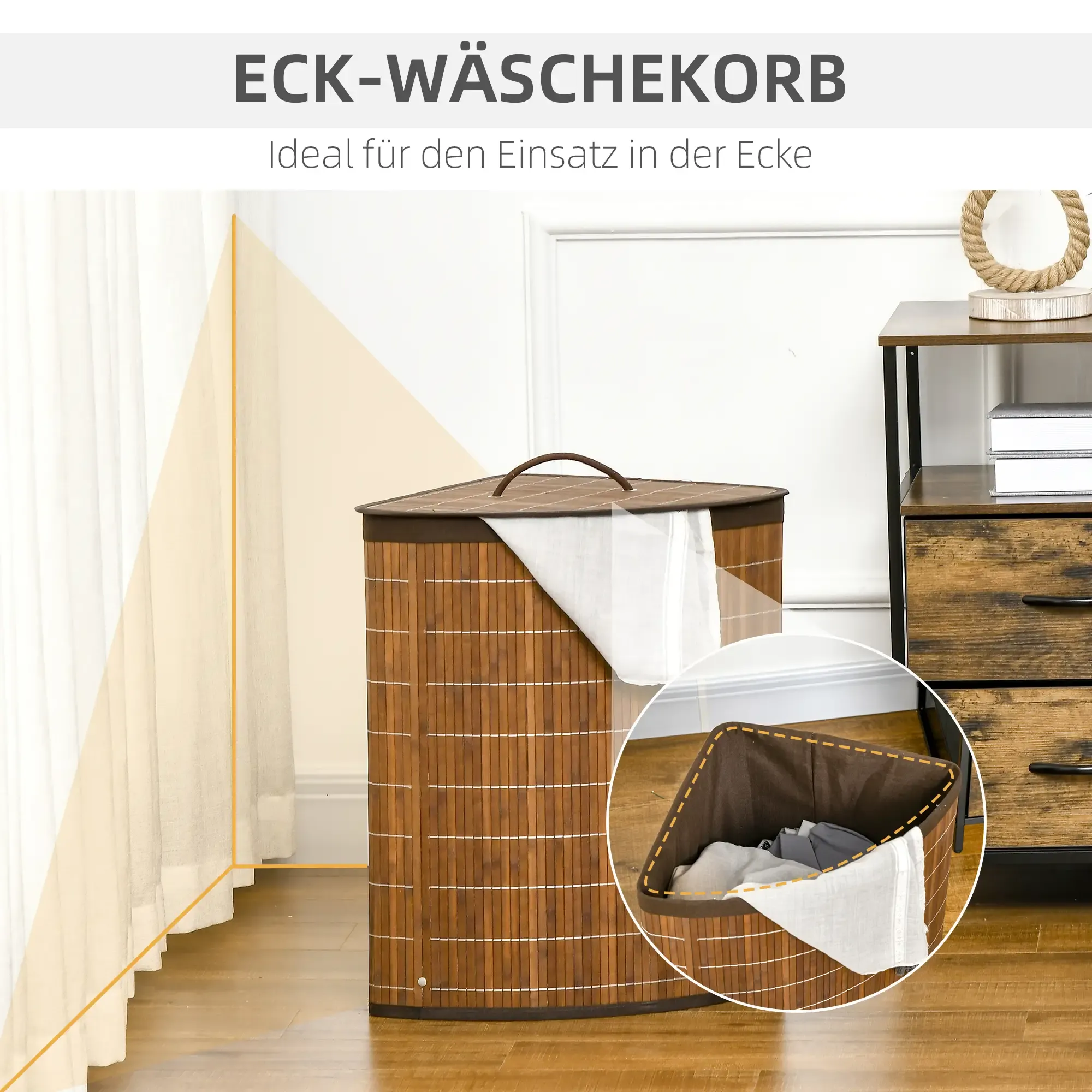 Ein brauner Eck-Wäschekorb aus Bambus mit Deckel. Rechts ein Beistelltisch mit Büchern und Seildekoration.