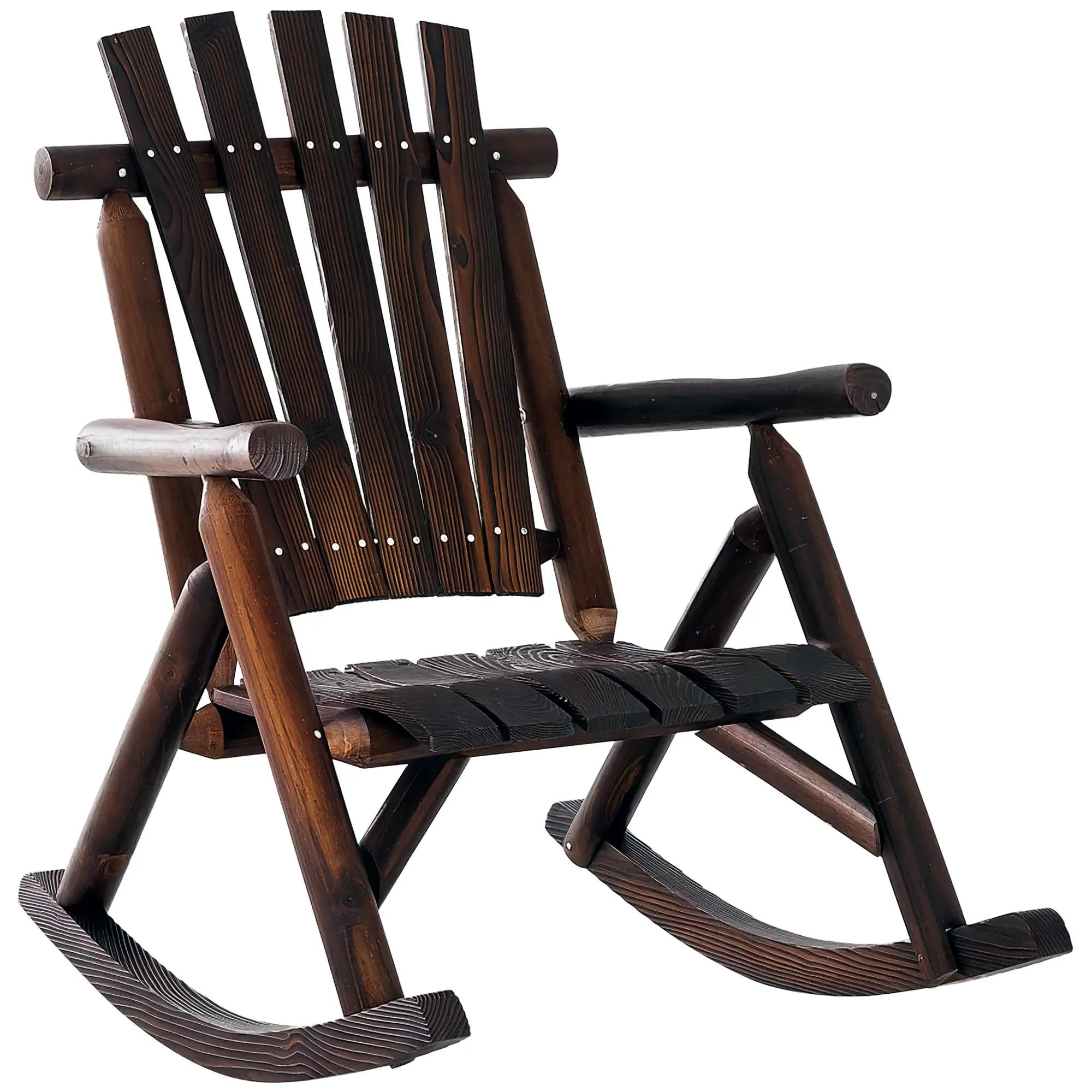 Ein hölzerner Schaukelstuhl mit dunkelbraunem Finish. Er hat eine Lamellenlehne und eine Sitzfläche aus Holzlatten. Der Stuhl ist isoliert.