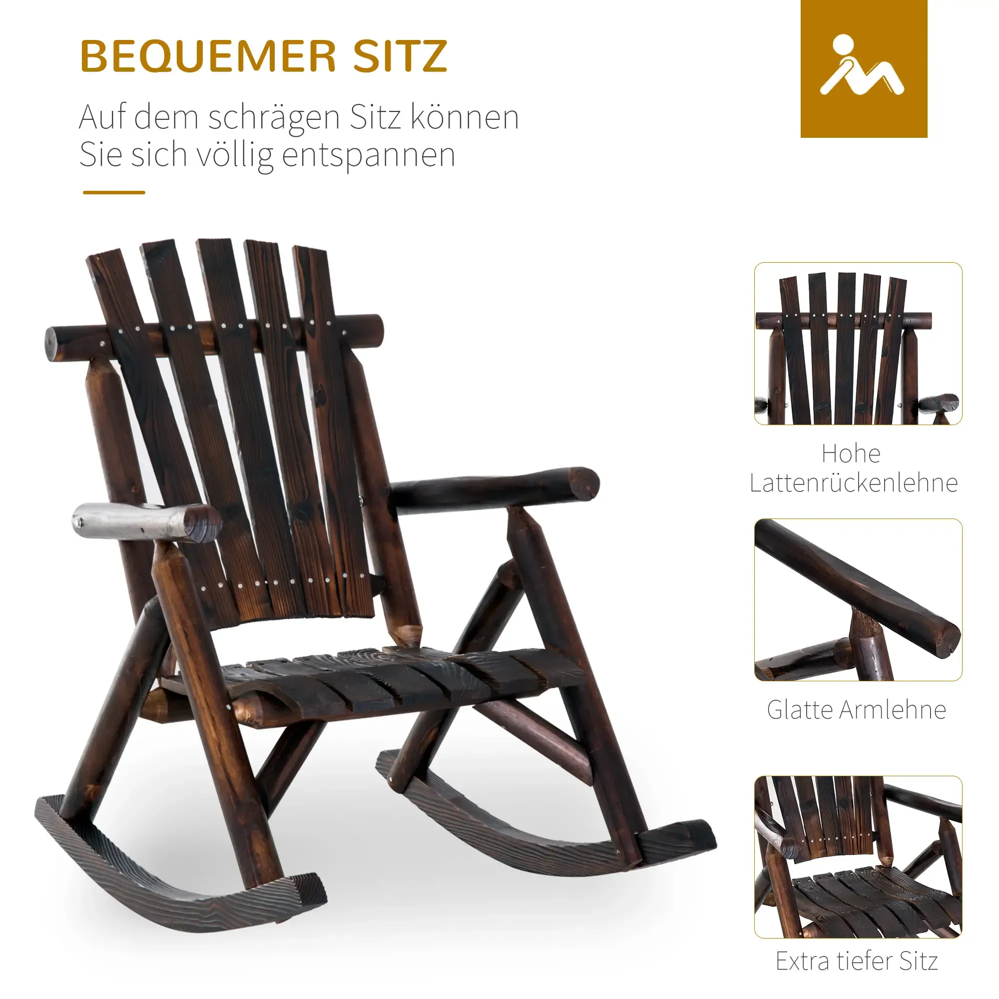 Holzschaukelstuhl, dunkelbraun. Hat eine Lamellenlehne und -sitz. Merkmale werden in separaten Kästchen hervorgehoben. Text auf Deutsch.