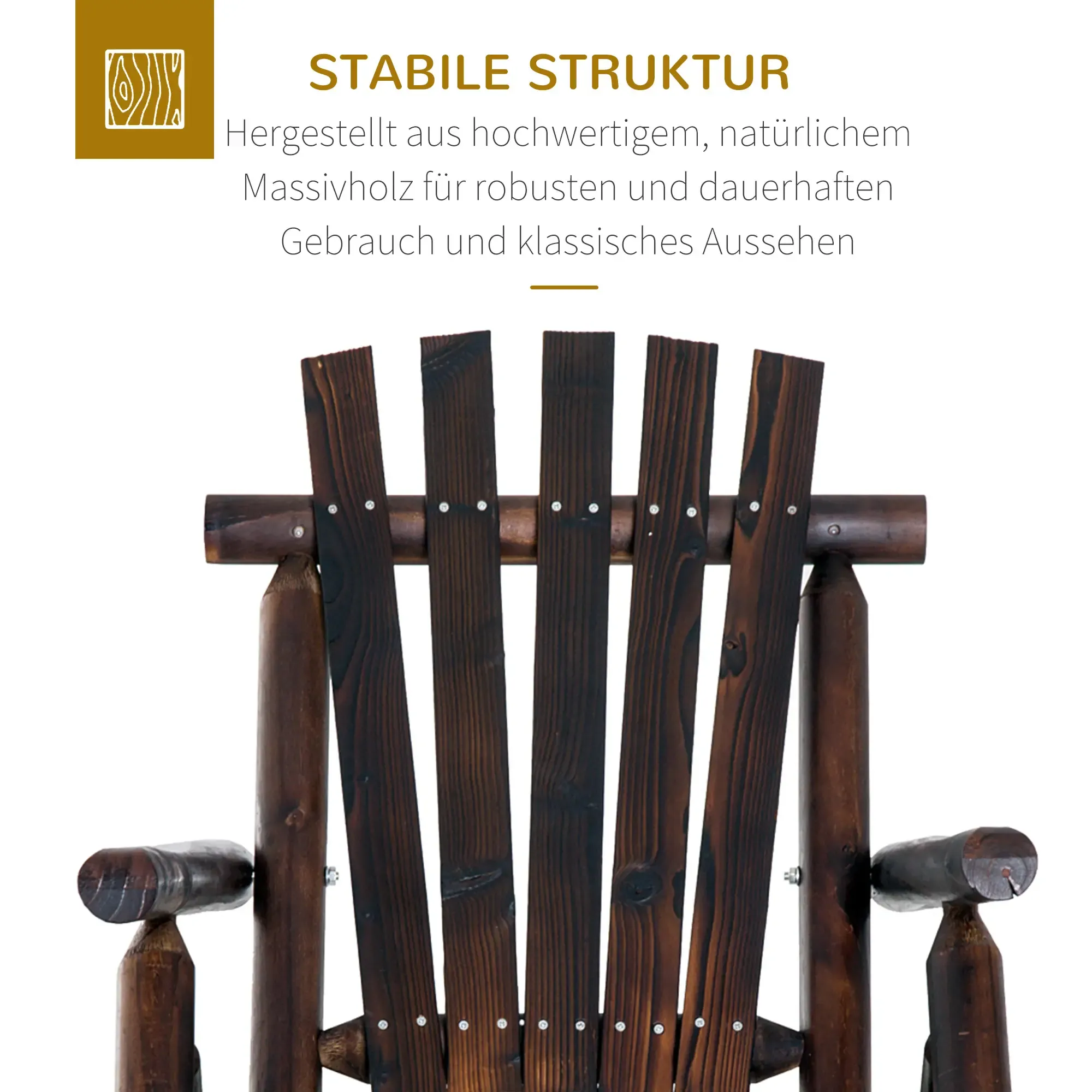 Holzstuhl-Rücken mit vertikalen Lamellen. Dunkelbraunes Holz, sichtbare Maserung. Text oben: 'STABILE STRUKTUR' und Text unten auf Deutsch.