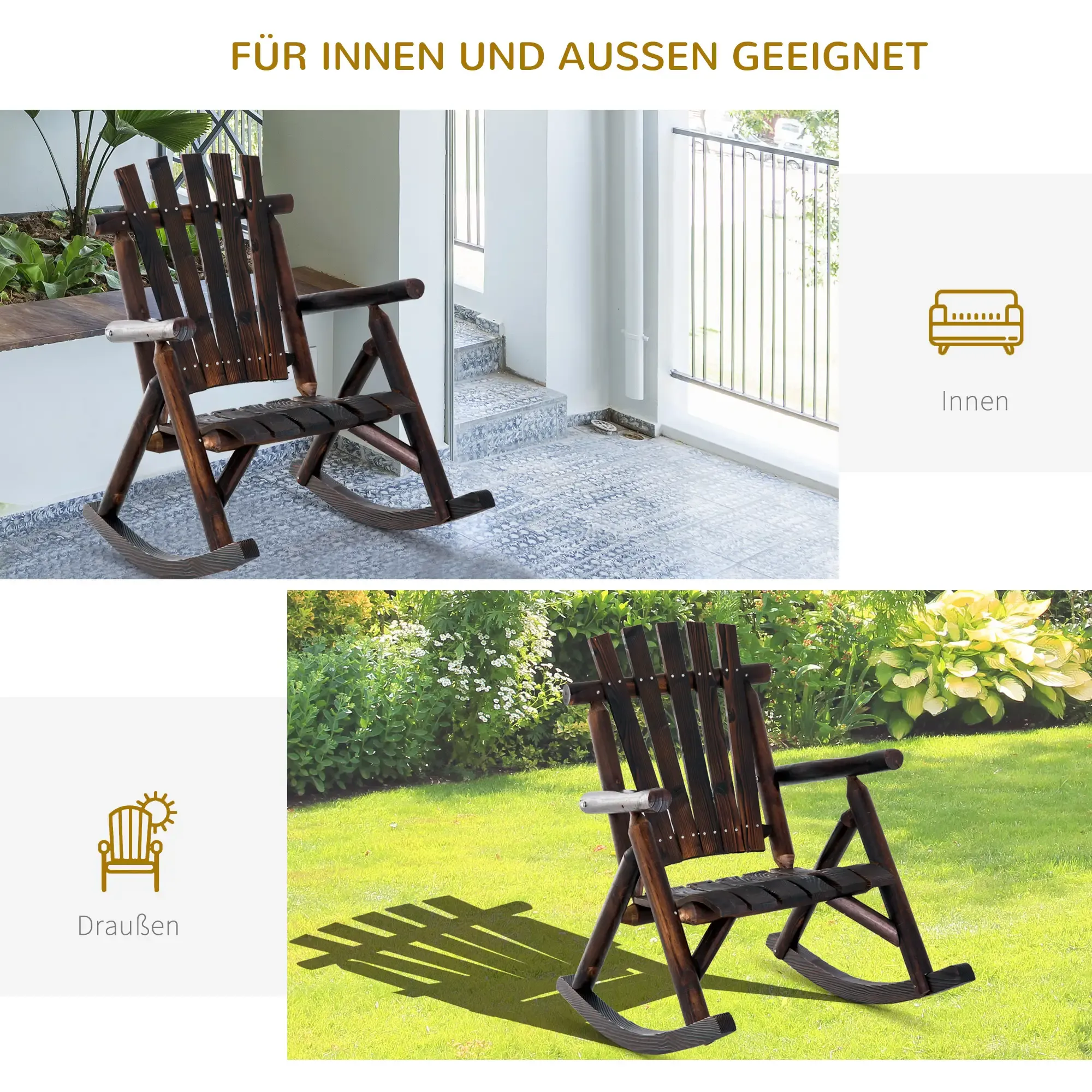 Holzschaukelstuhl drinnen und draußen. Ein Stuhl auf einer Terrasse und ein weiterer auf Gras. Der Stuhl hat einen schwarzen Sitz.