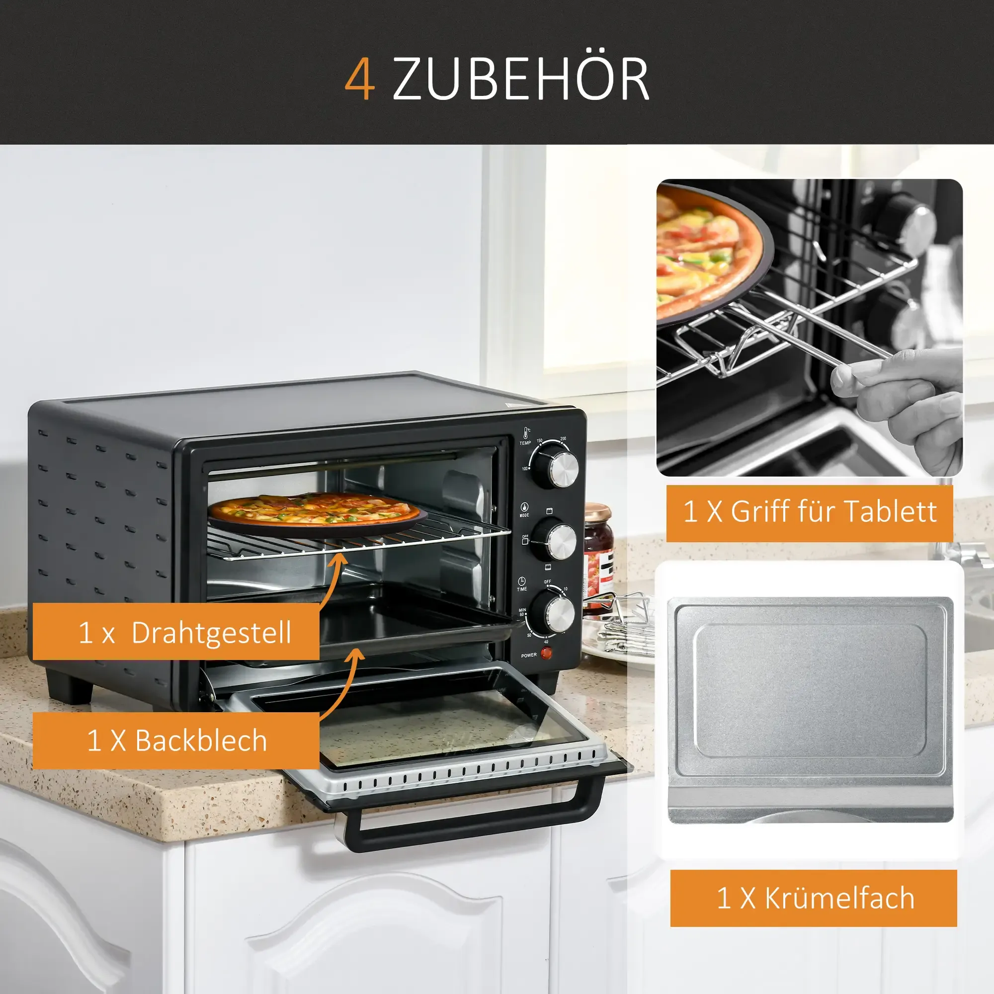 Ein Ofen mit Pizza, plus Zubehör: Drahtgestell, Backblech, Griff für das Tablett und Krümelschale.