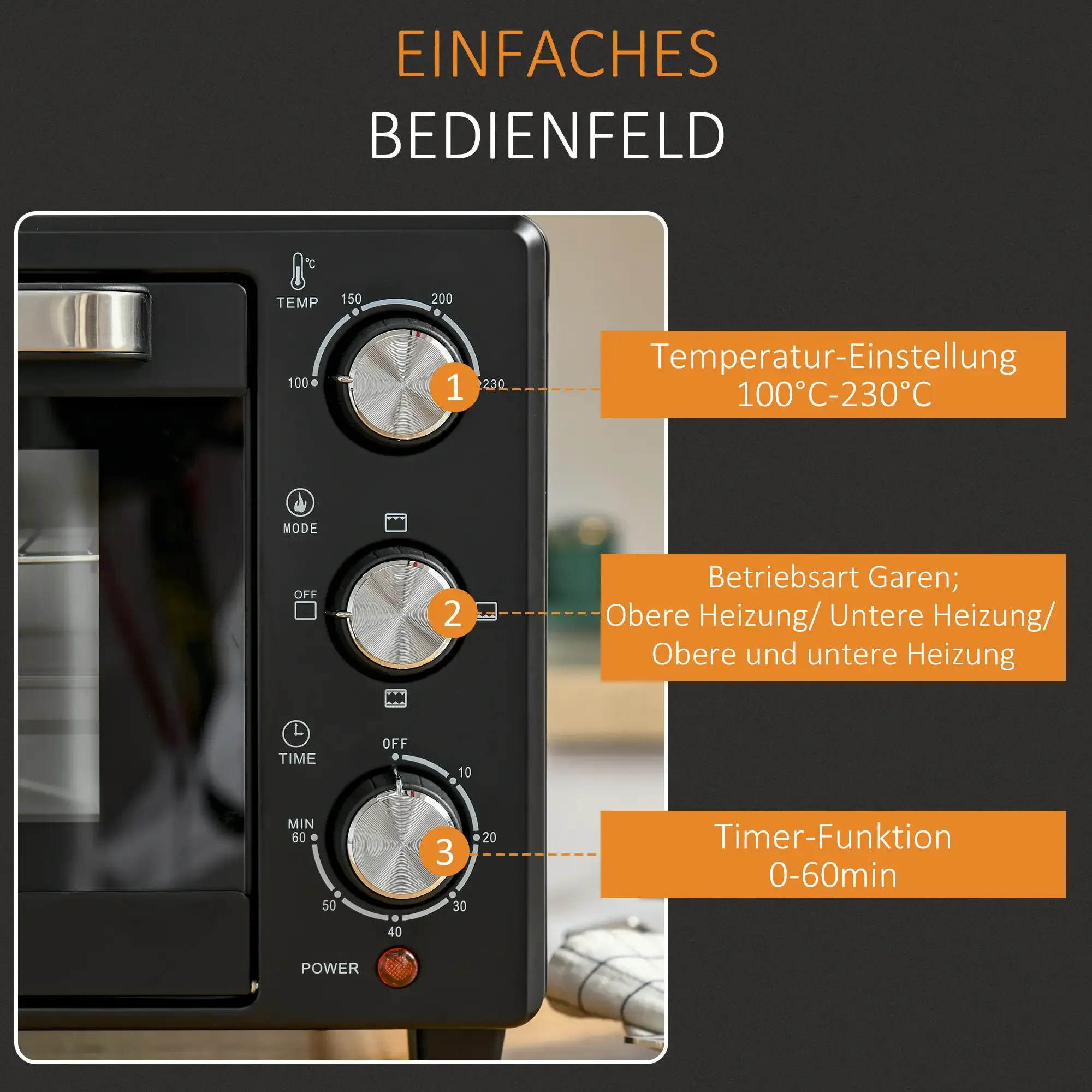 Schwarzes Ofenbedienfeld mit Knöpfen für Temperatur, Modus und Timereinstellungen.