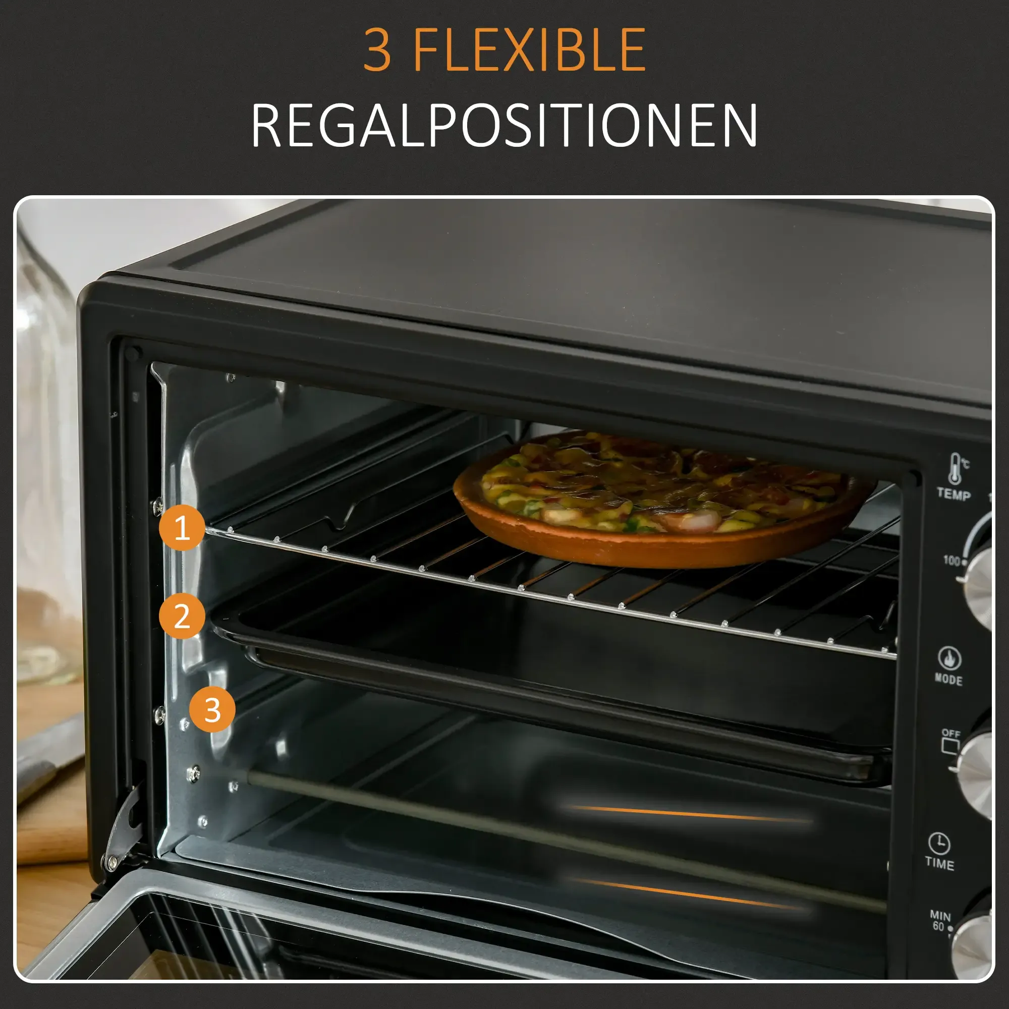 Ein schwarzer Ofen mit Pizza. Er hat 3 Regalpositionen. Bedienfeld rechts. Text oben: "3 flexible Regalpositionen".