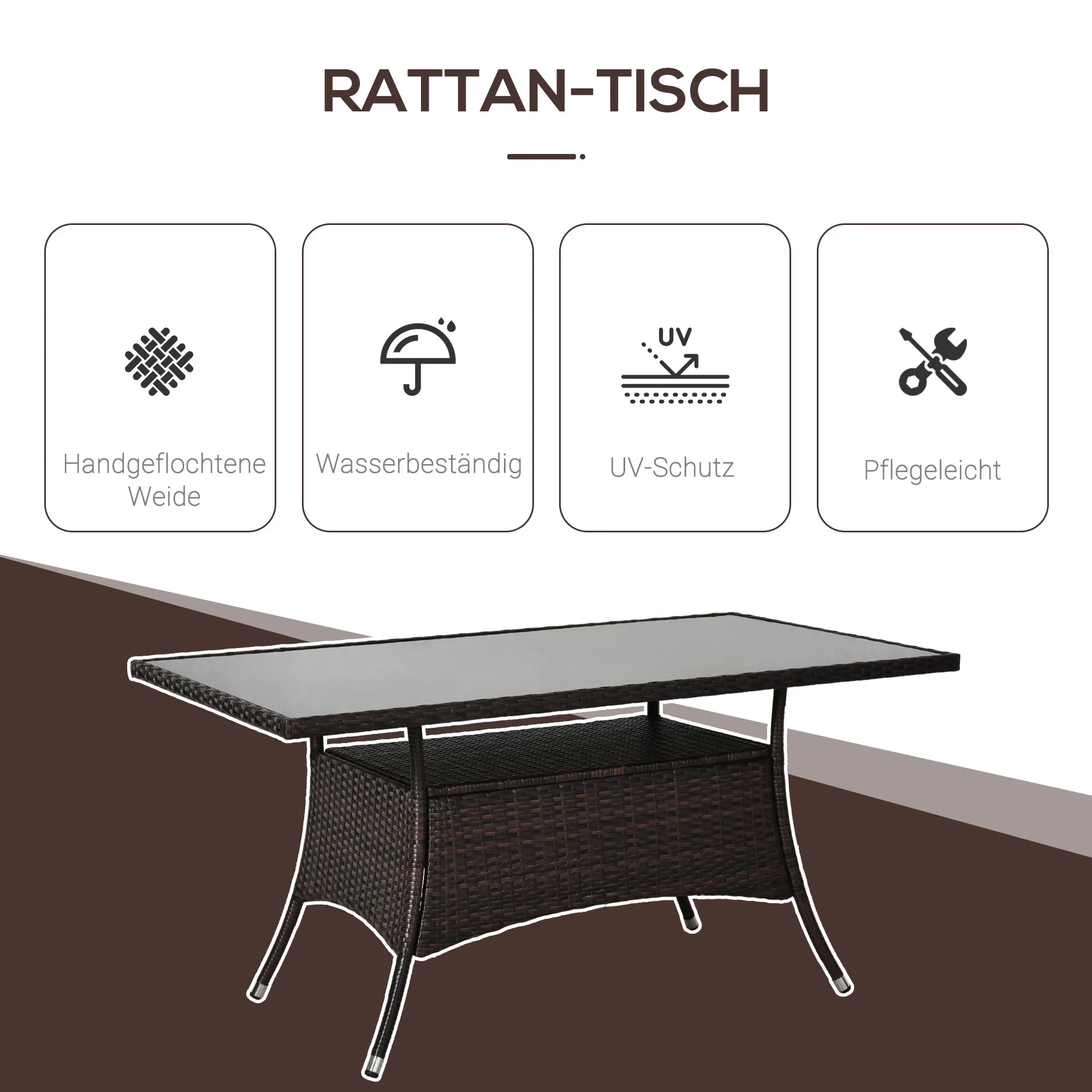 Ein Rattantisch mit Glasplatte. Er hat ein gewebtes Design und ist braun. Vier Symbole zeigen Merkmale.