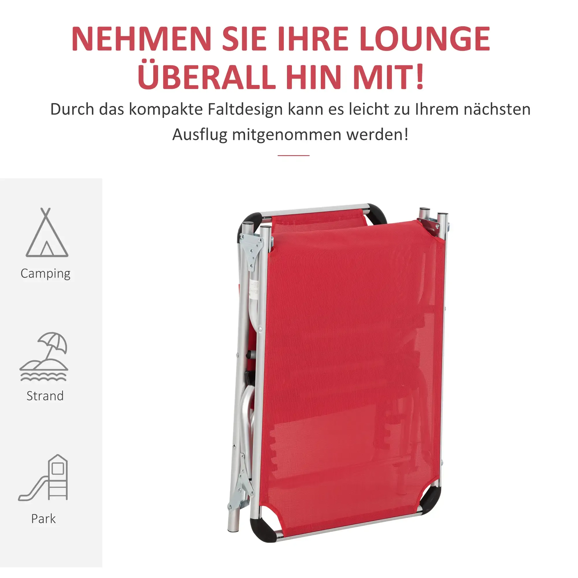 Ein zusammengeklappter roter Strandstuhl. Text auf Deutsch wirbt für die Tragbarkeit. Icons zeigen Camping, Strand und Park.