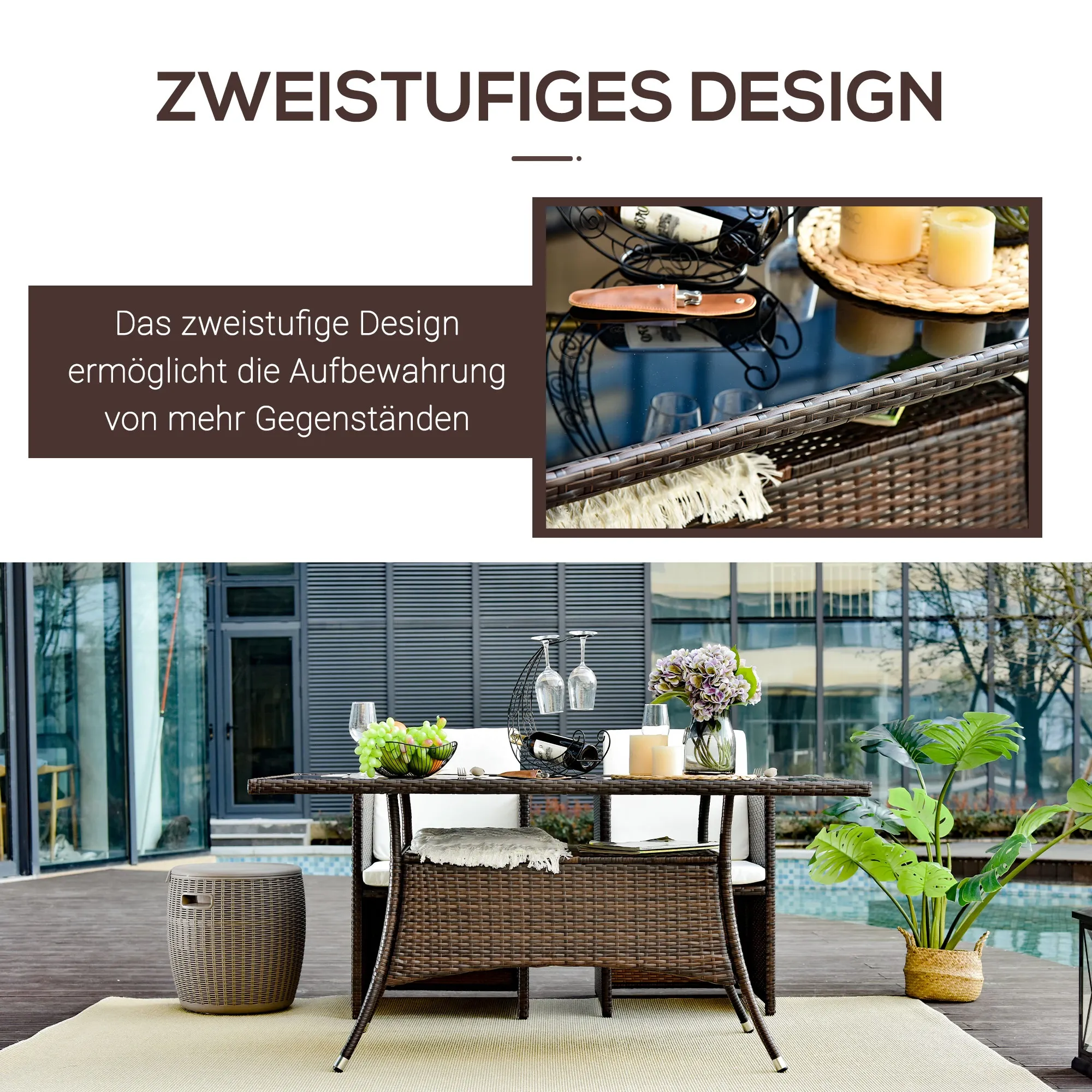 Terrassenmöbel-Set mit braunen Korbmöbeln, Tisch, Stühlen und Beistelltisch. Inklusive Weingläser, Obst und Pflanzen.